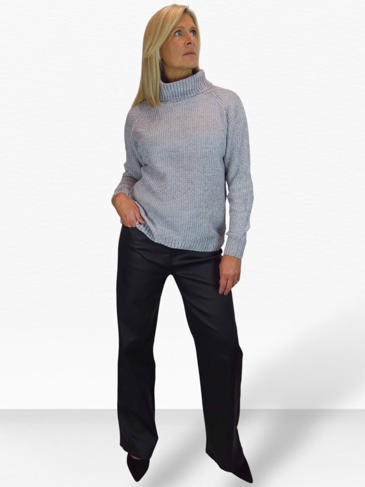 Long Sleeve Chenille Roll Neck Jumper Grey