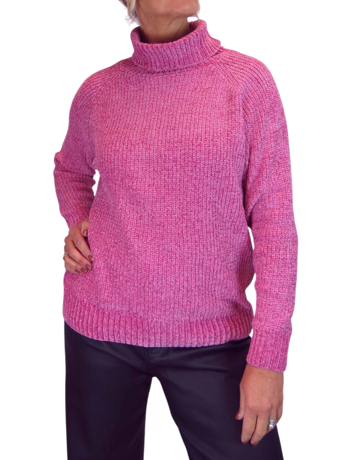 Long Sleeve Chenille Roll Neck Jumper Pink