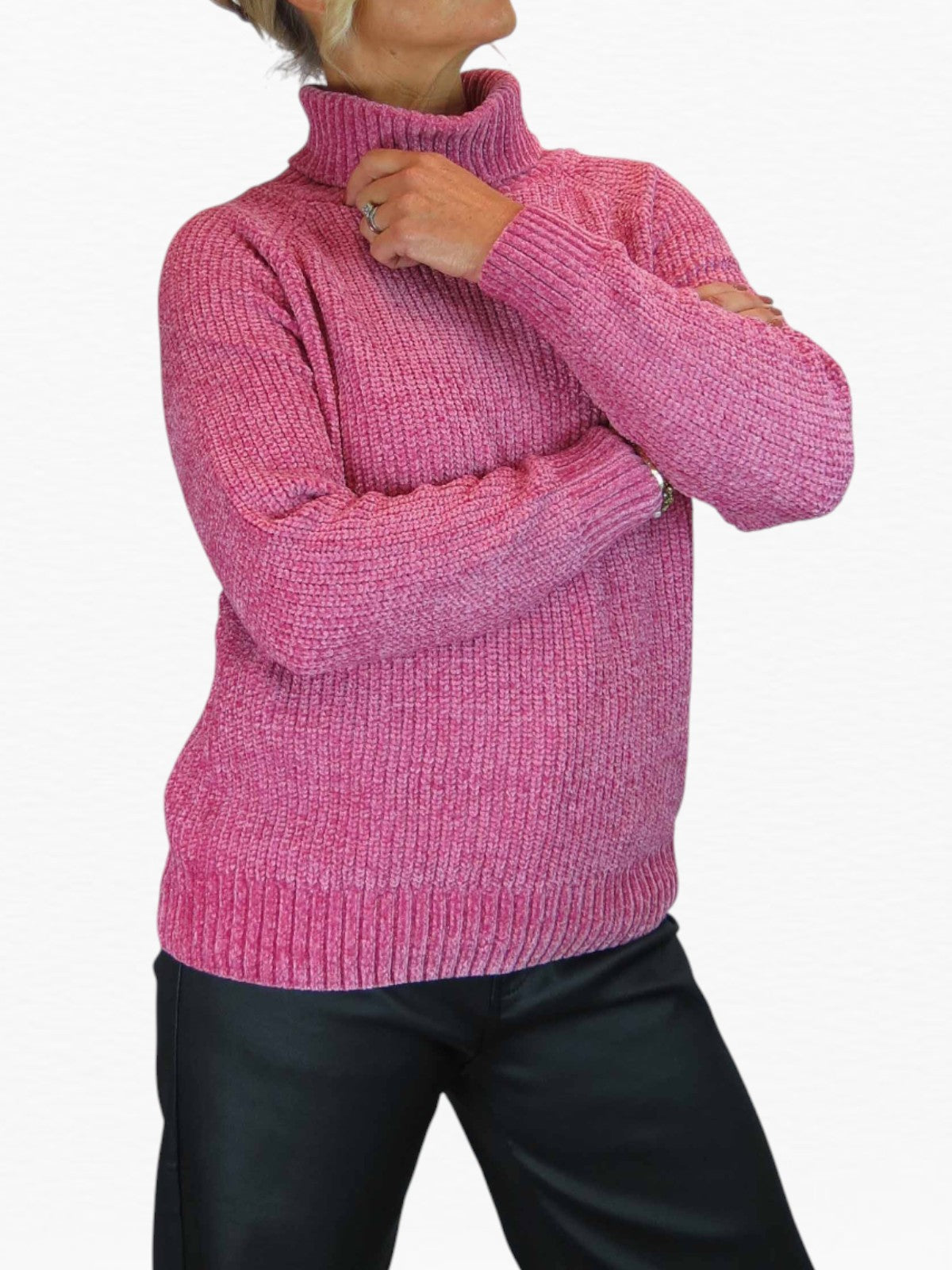 Long Sleeve Chenille Roll Neck Jumper Pink