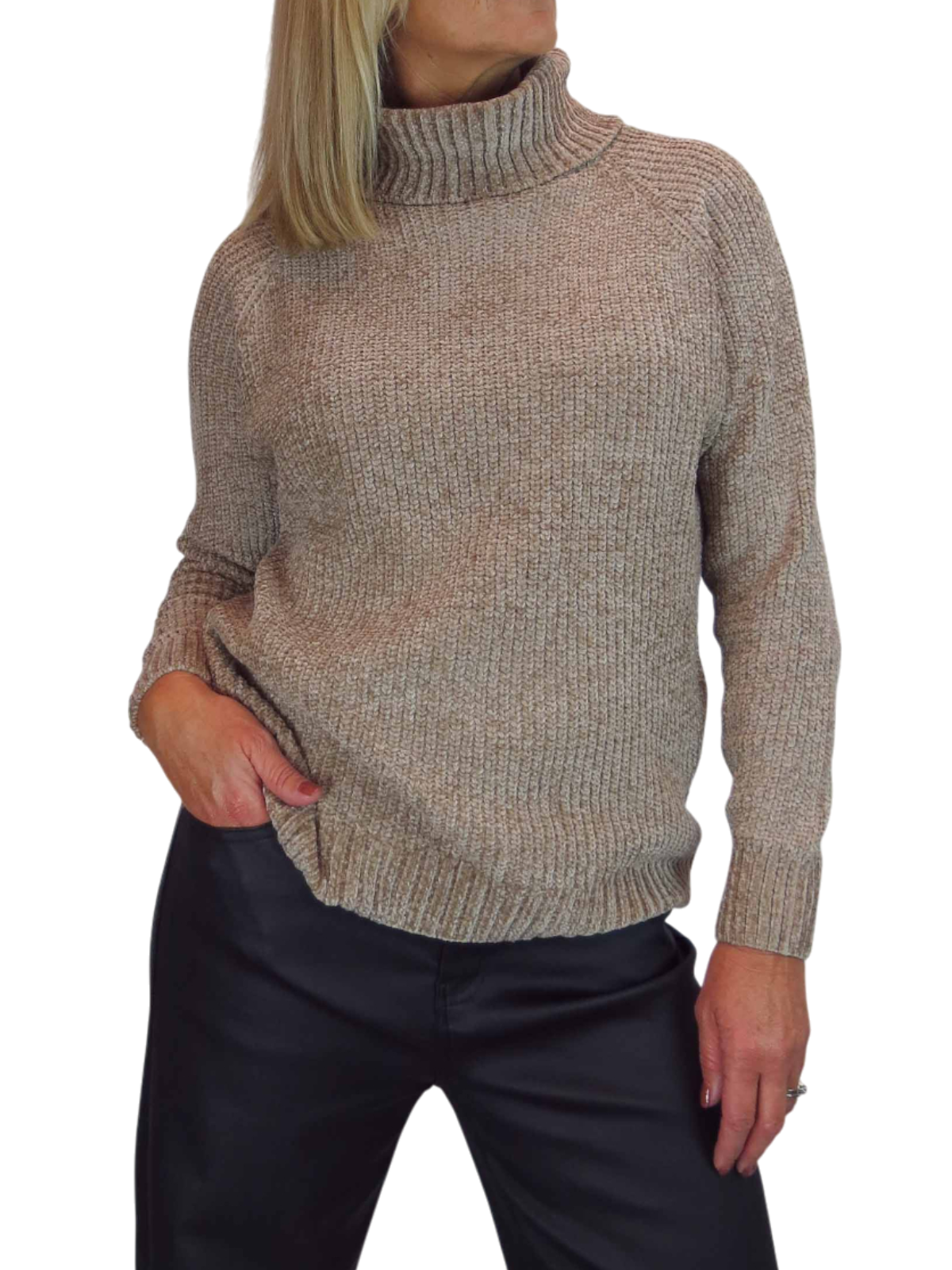 Long Sleeve Chenille Roll Neck Jumper Tan