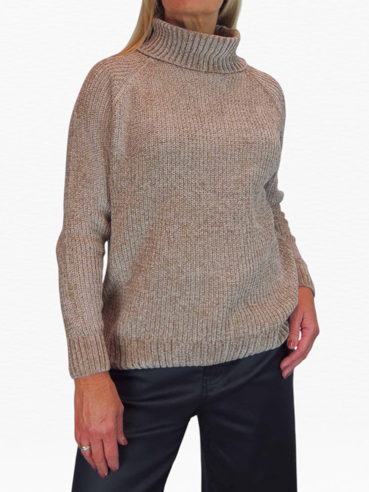 Long Sleeve Chenille Roll Neck Jumper Tan