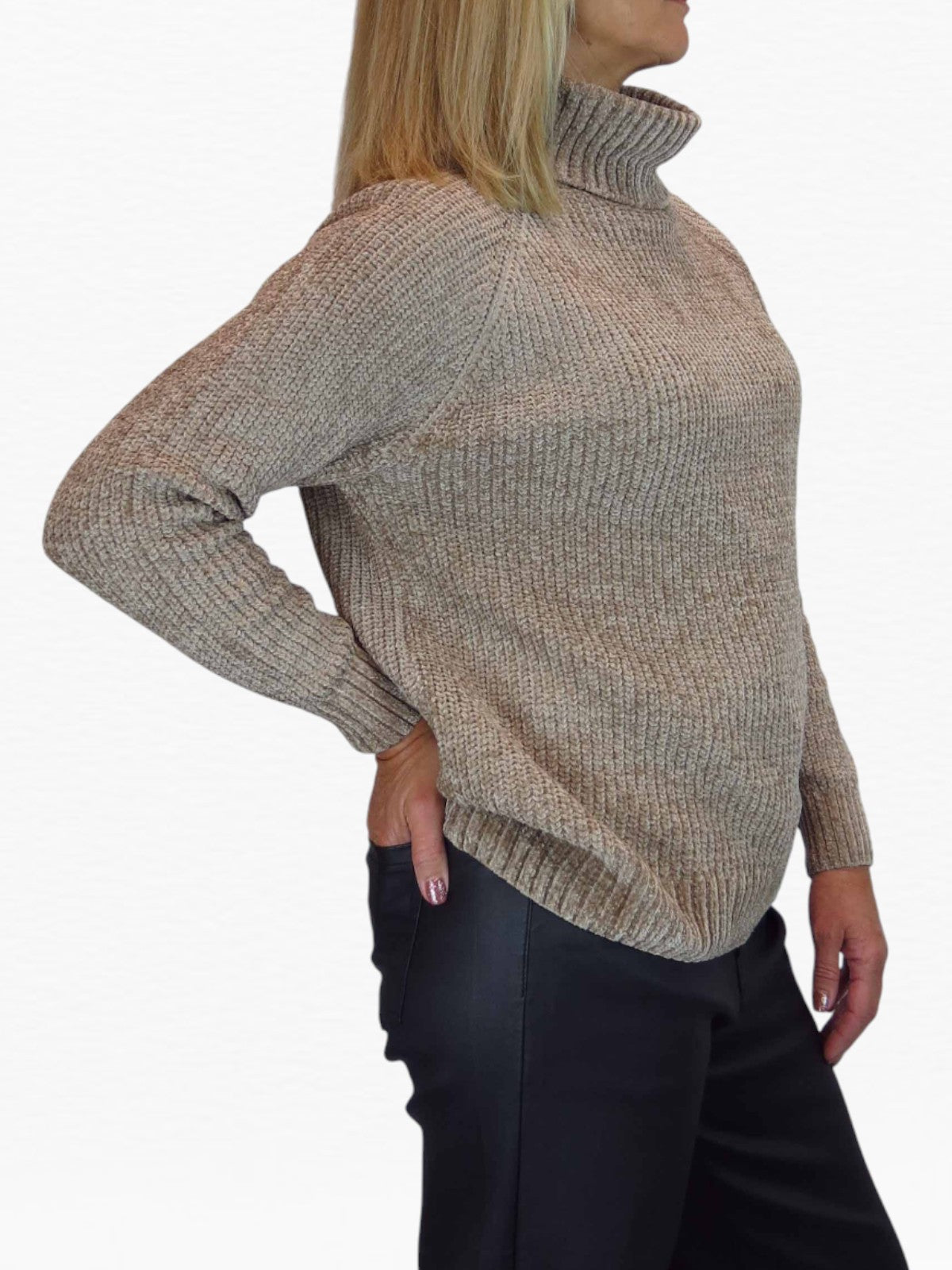 Long Sleeve Chenille Roll Neck Jumper Tan