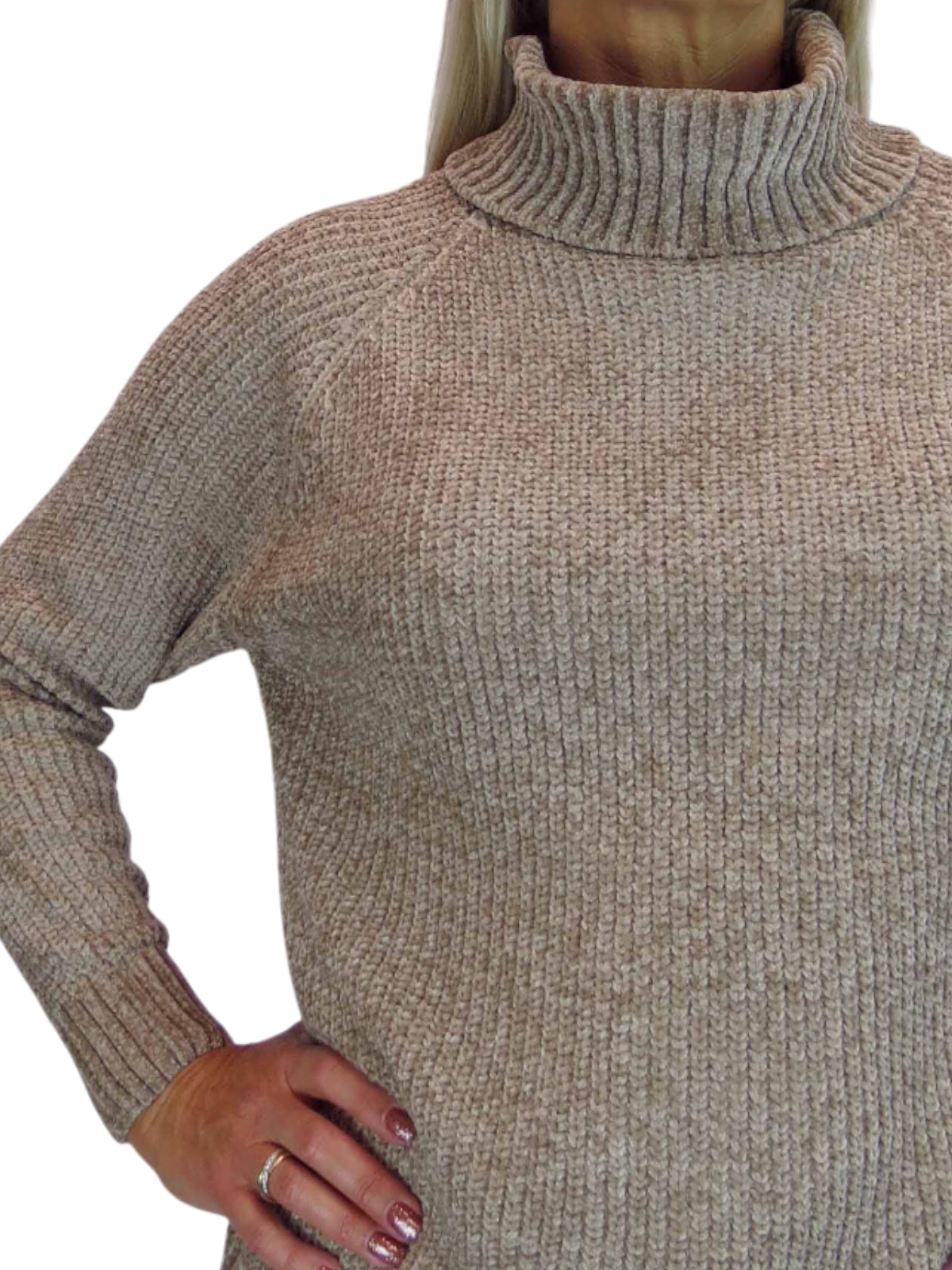 Long Sleeve Chenille Roll Neck Jumper Tan