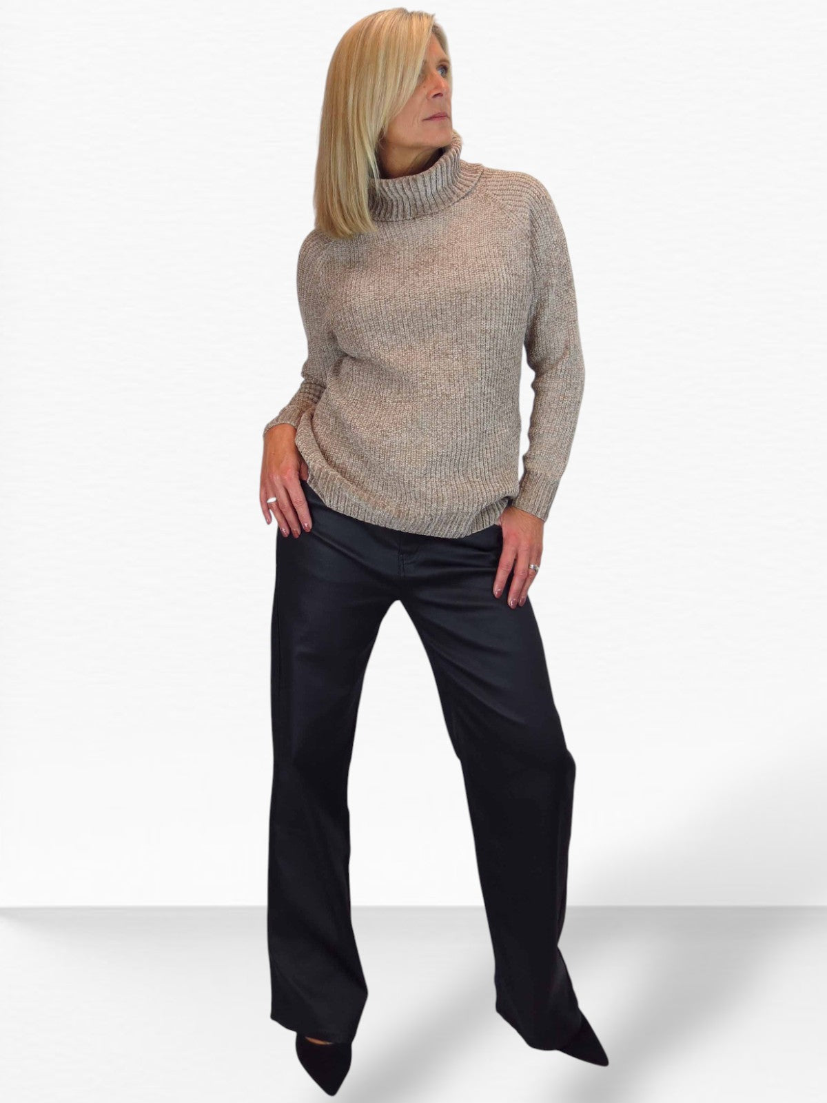 Long Sleeve Chenille Roll Neck Jumper Tan