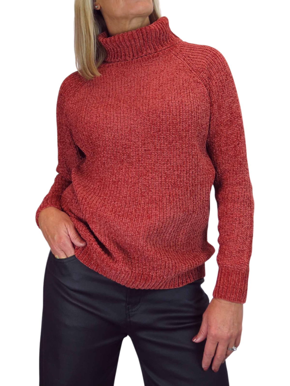 Long Sleeve Chenille Roll Neck Jumper Rust