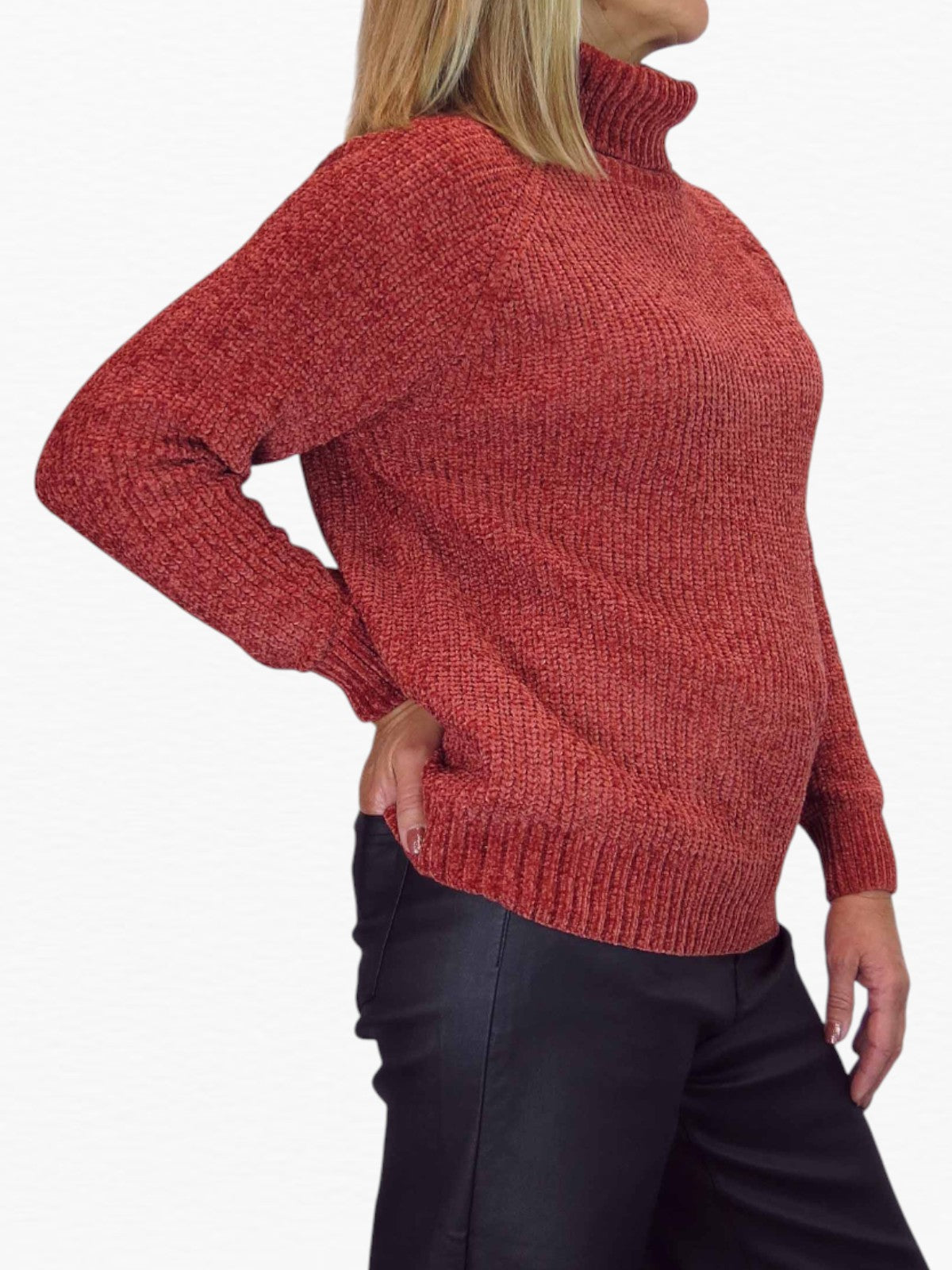 Long Sleeve Chenille Roll Neck Jumper Rust