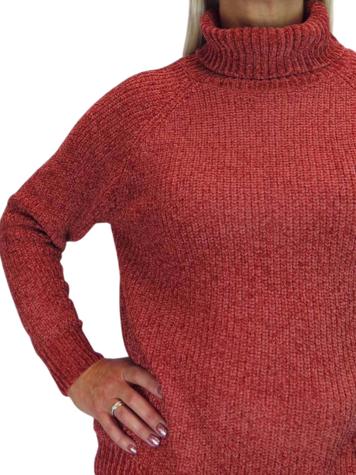 Long Sleeve Chenille Roll Neck Jumper Rust