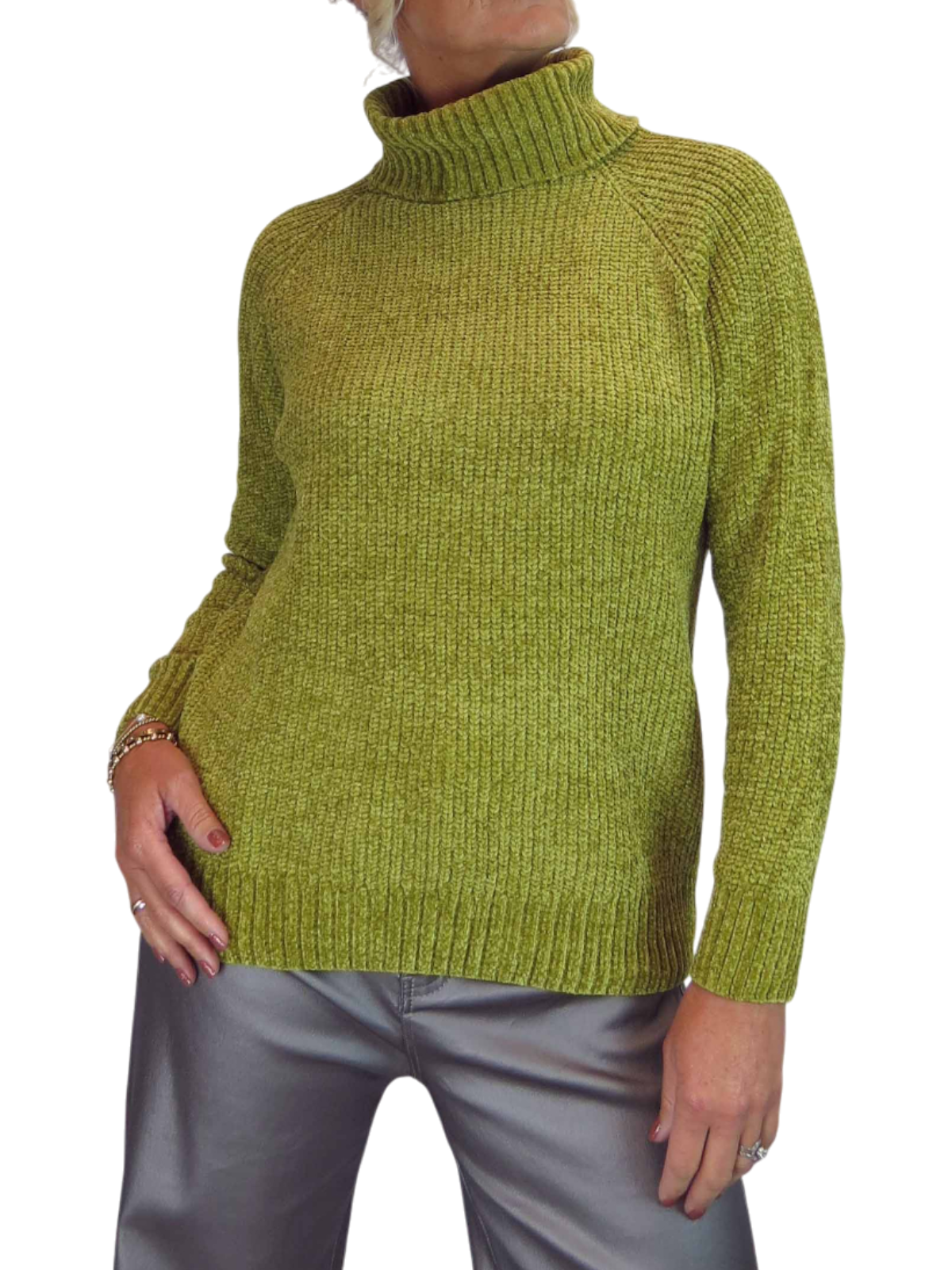 Long Sleeve Chenille Roll Neck Jumper Lime Green