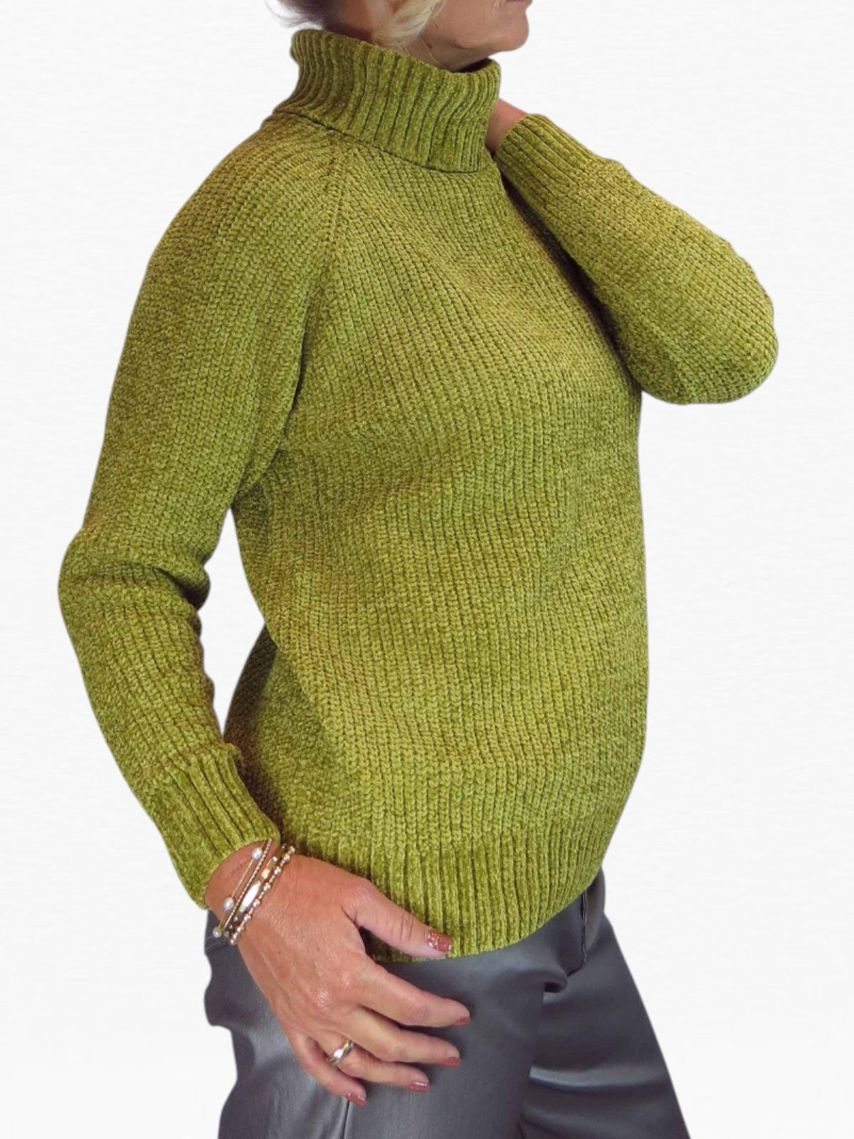 Long Sleeve Chenille Roll Neck Jumper Lime Green