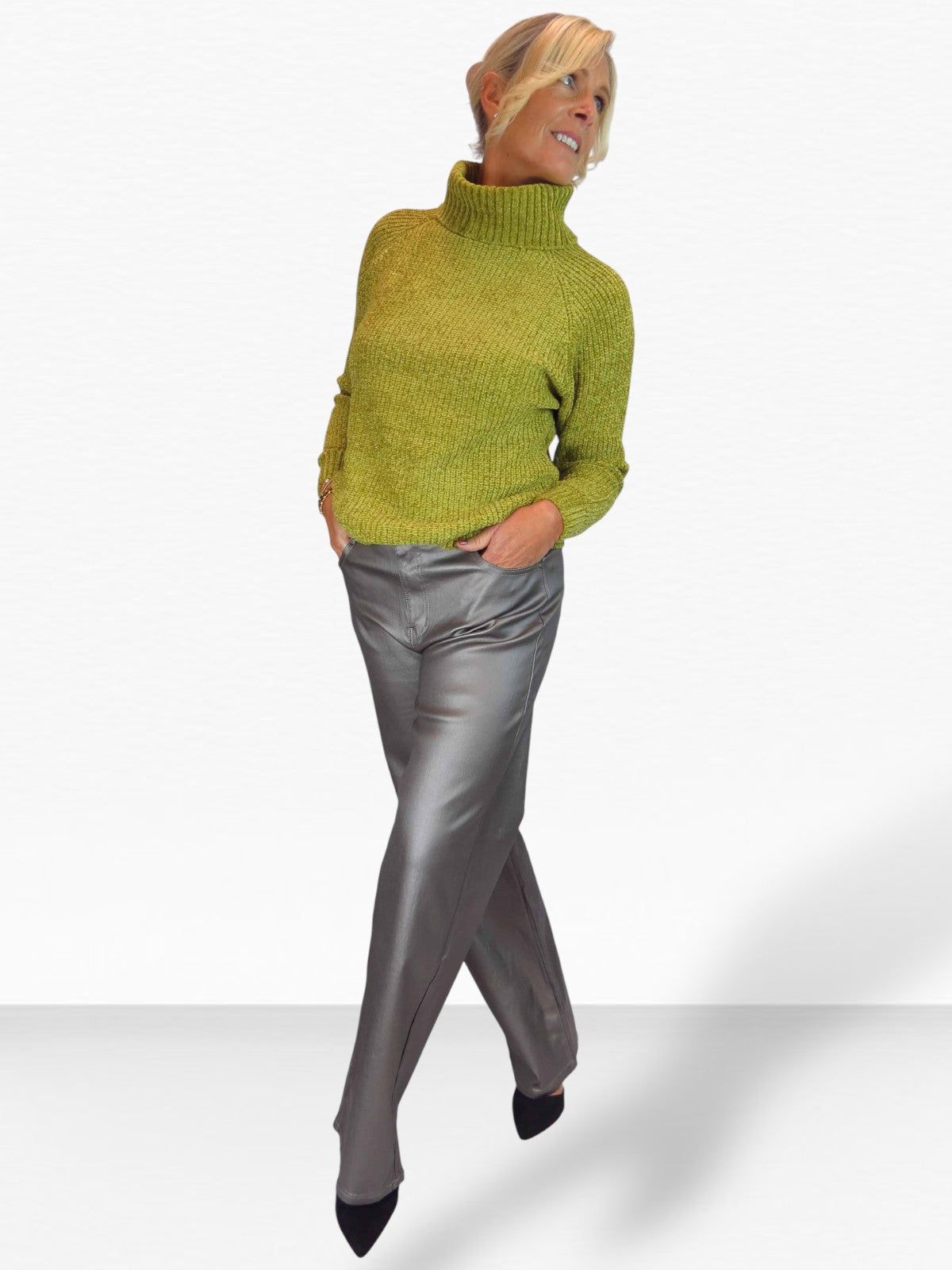 Long Sleeve Chenille Roll Neck Jumper Lime Green