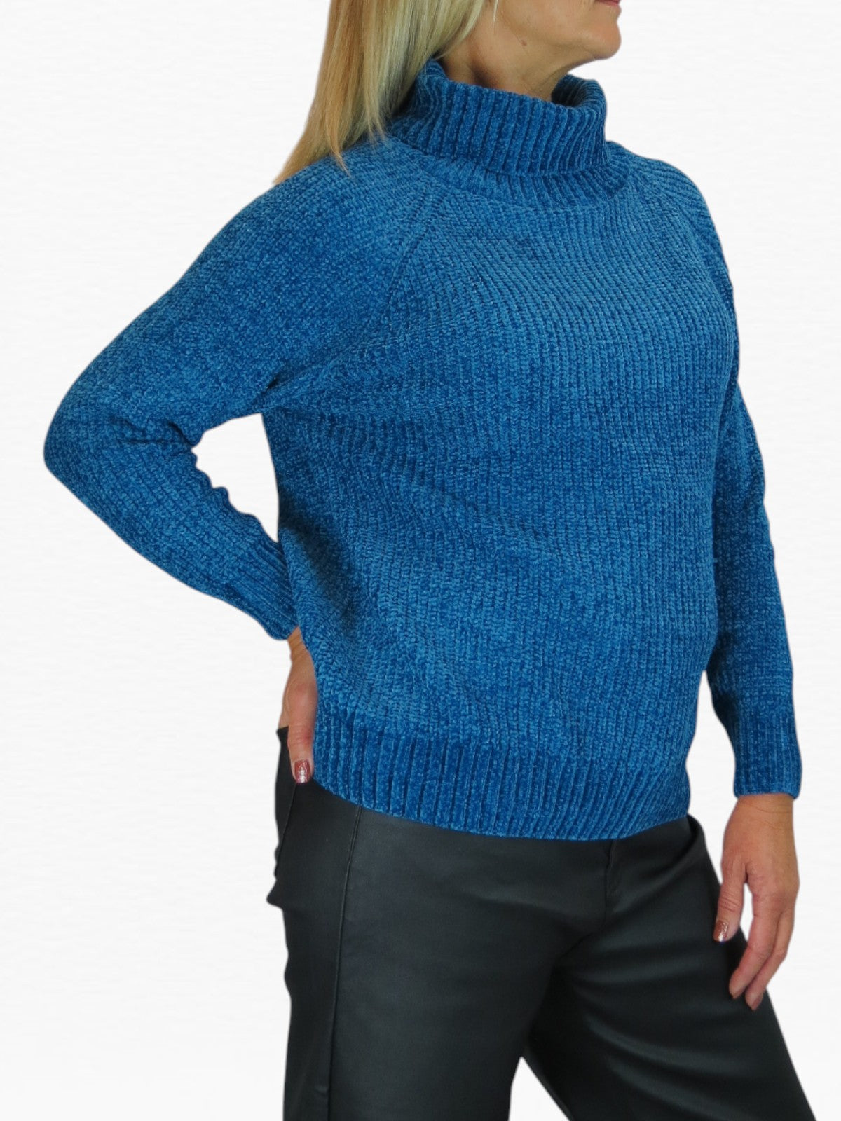 Long Sleeve Chenille Roll Neck Jumper Blue