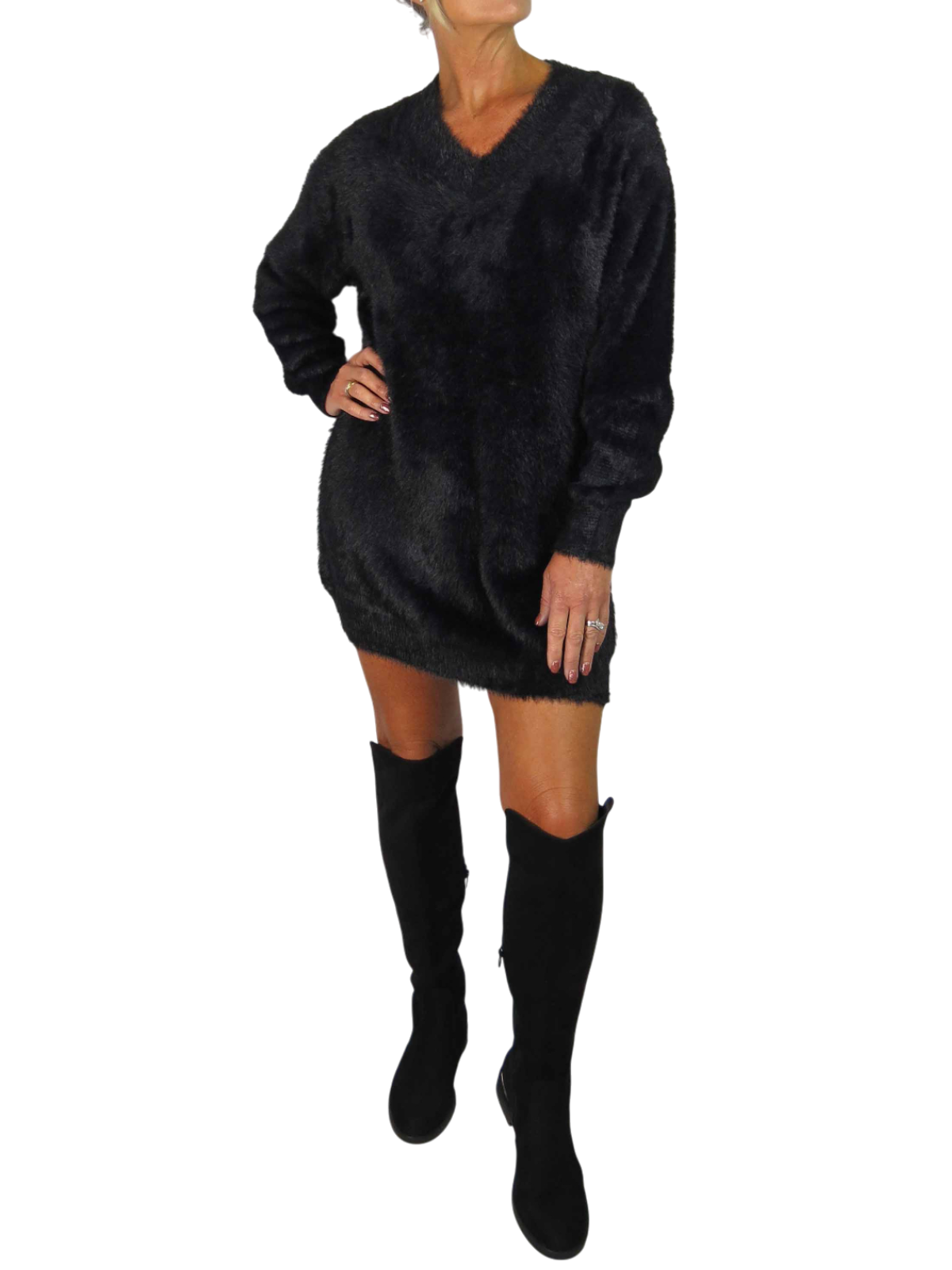 Long Sleeve V Neck Jumper Dress Black