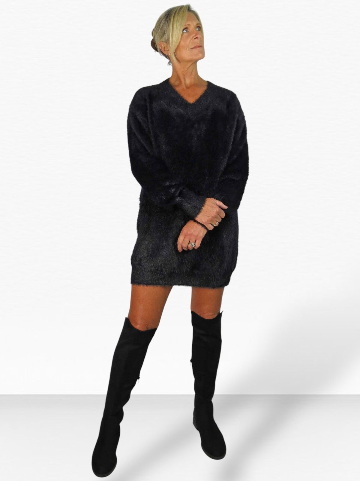 Long Sleeve V Neck Jumper Dress Black