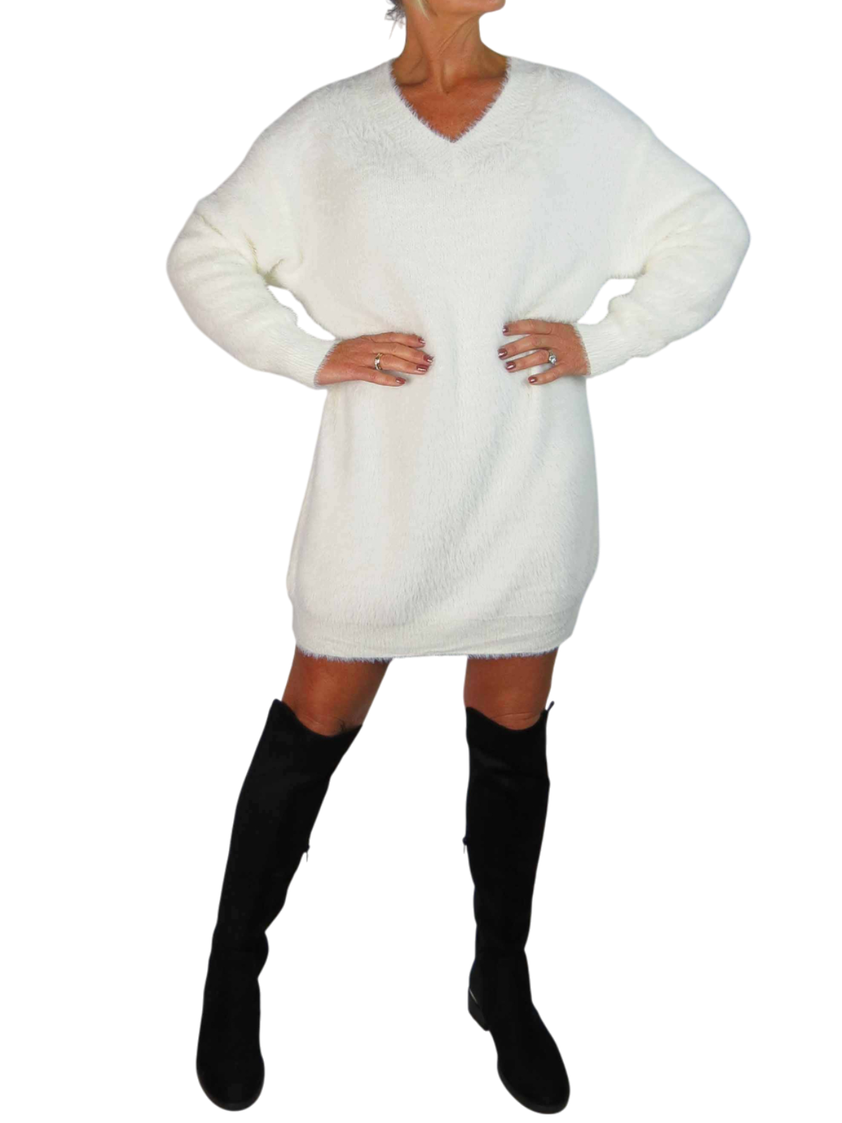 Long Sleeve V Neck Jumper Dress Cream