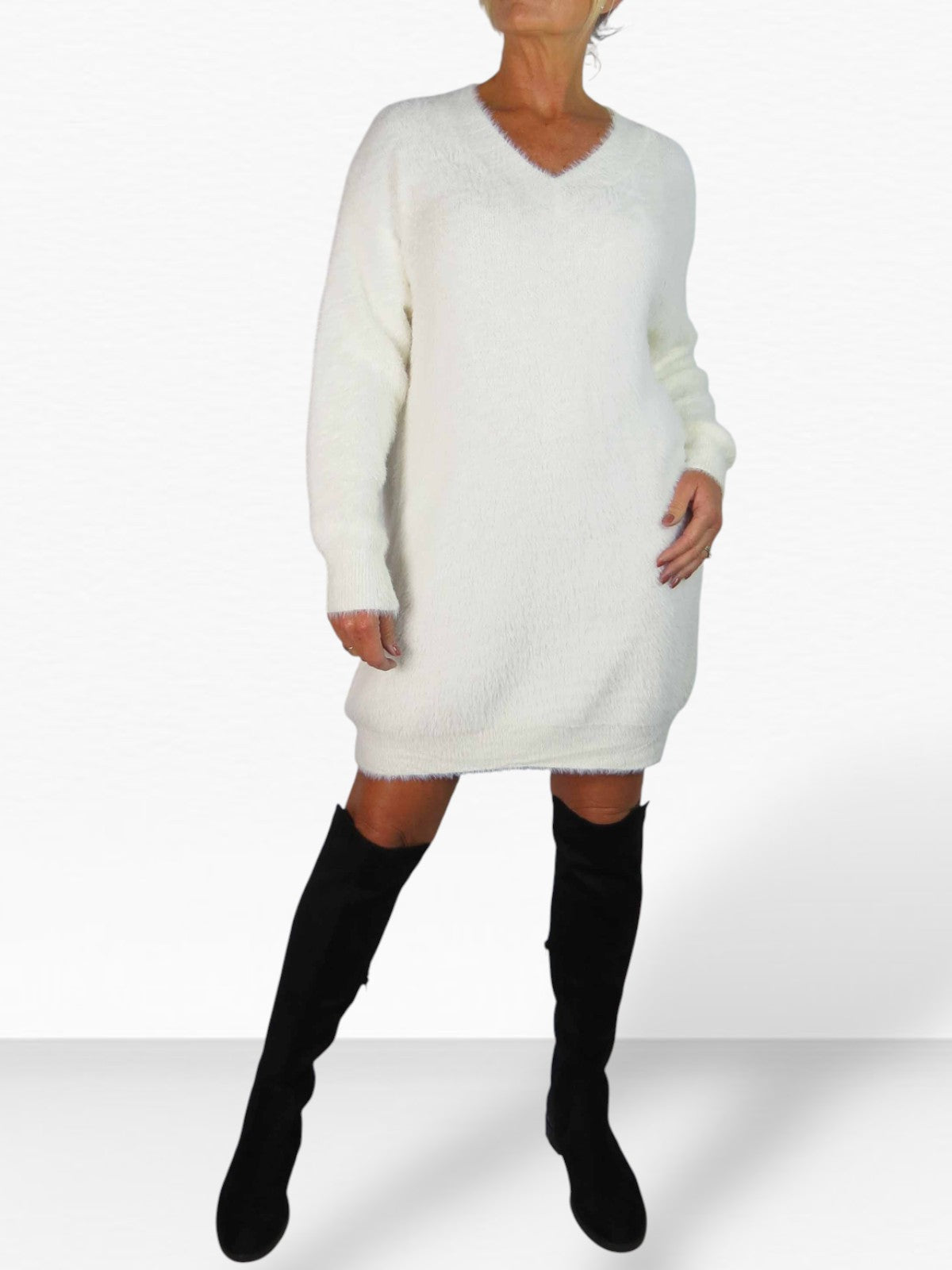 Long Sleeve V Neck Jumper Dress Cream