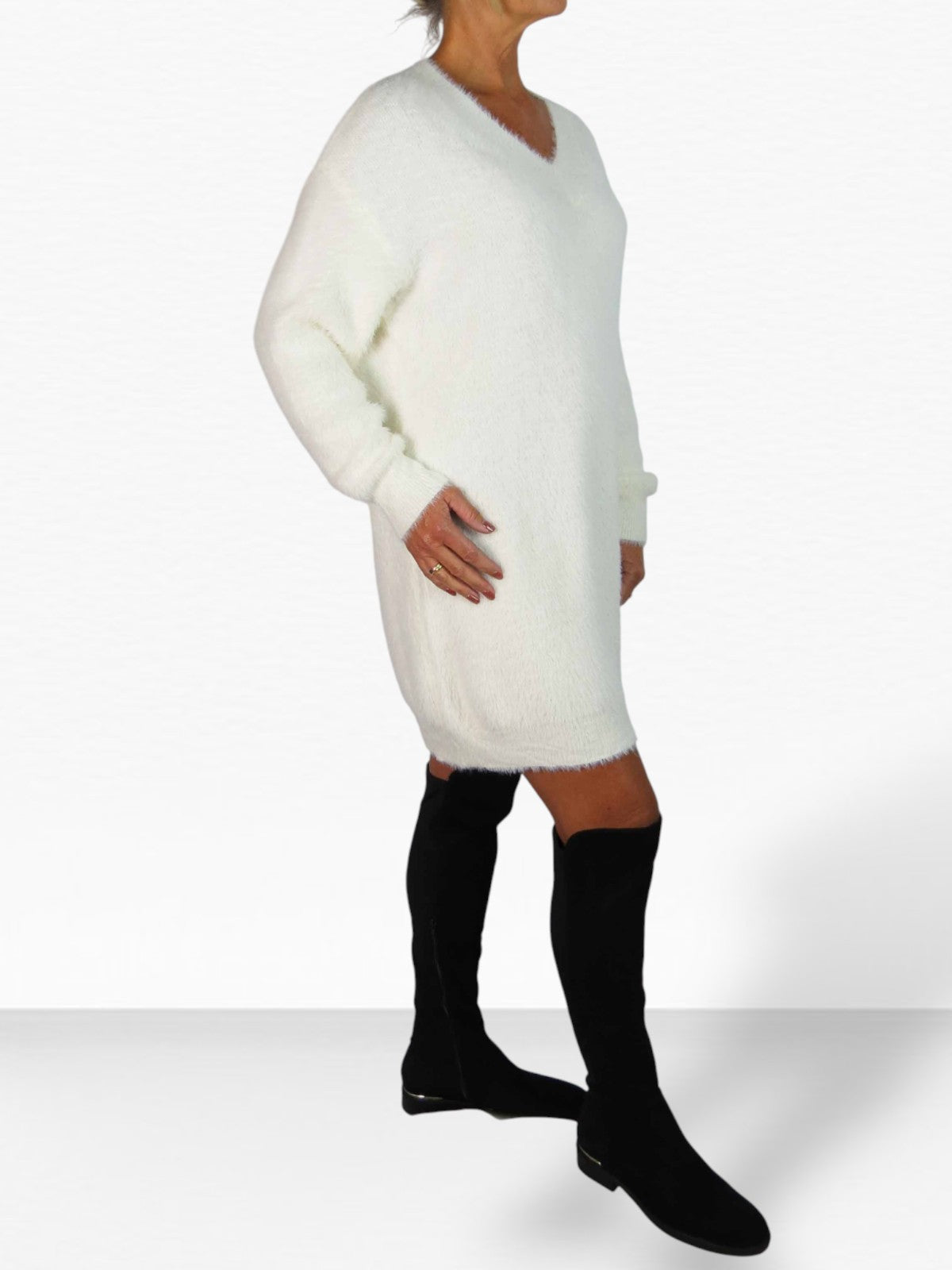 Long Sleeve V Neck Jumper Dress Cream