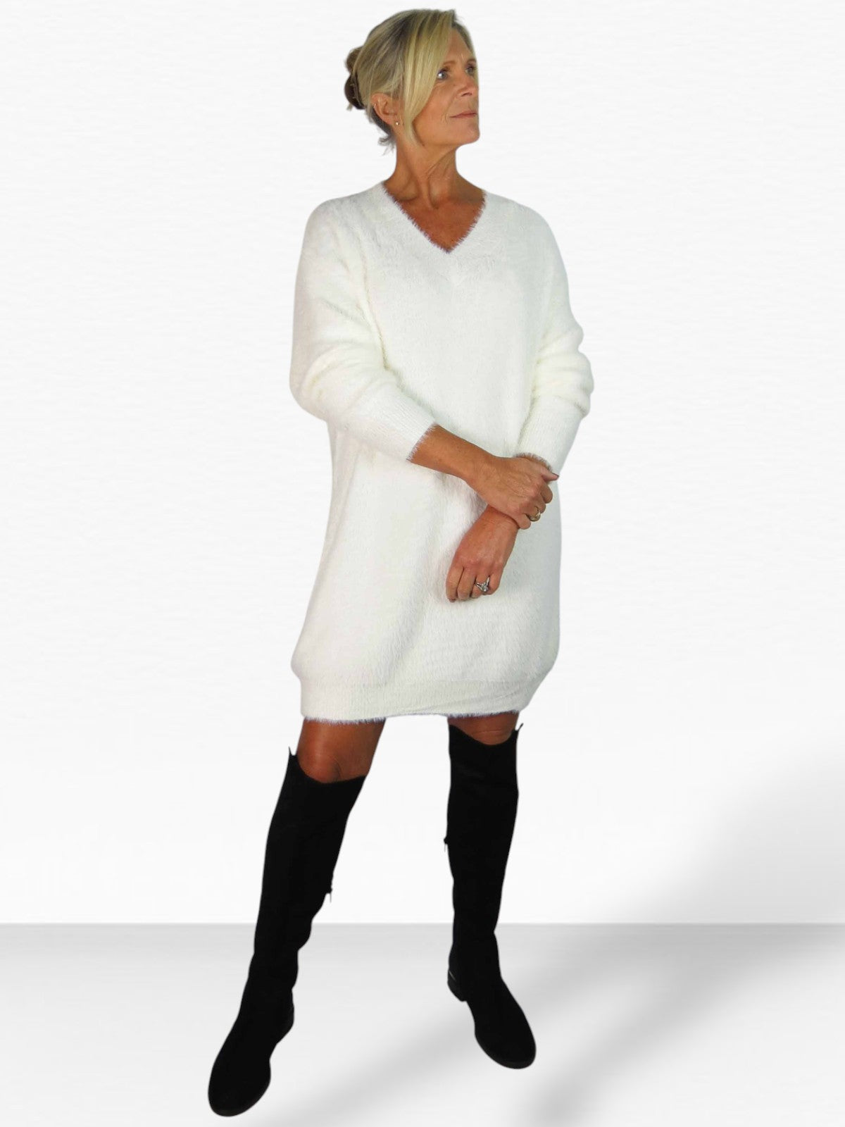 Long Sleeve V Neck Jumper Dress Cream