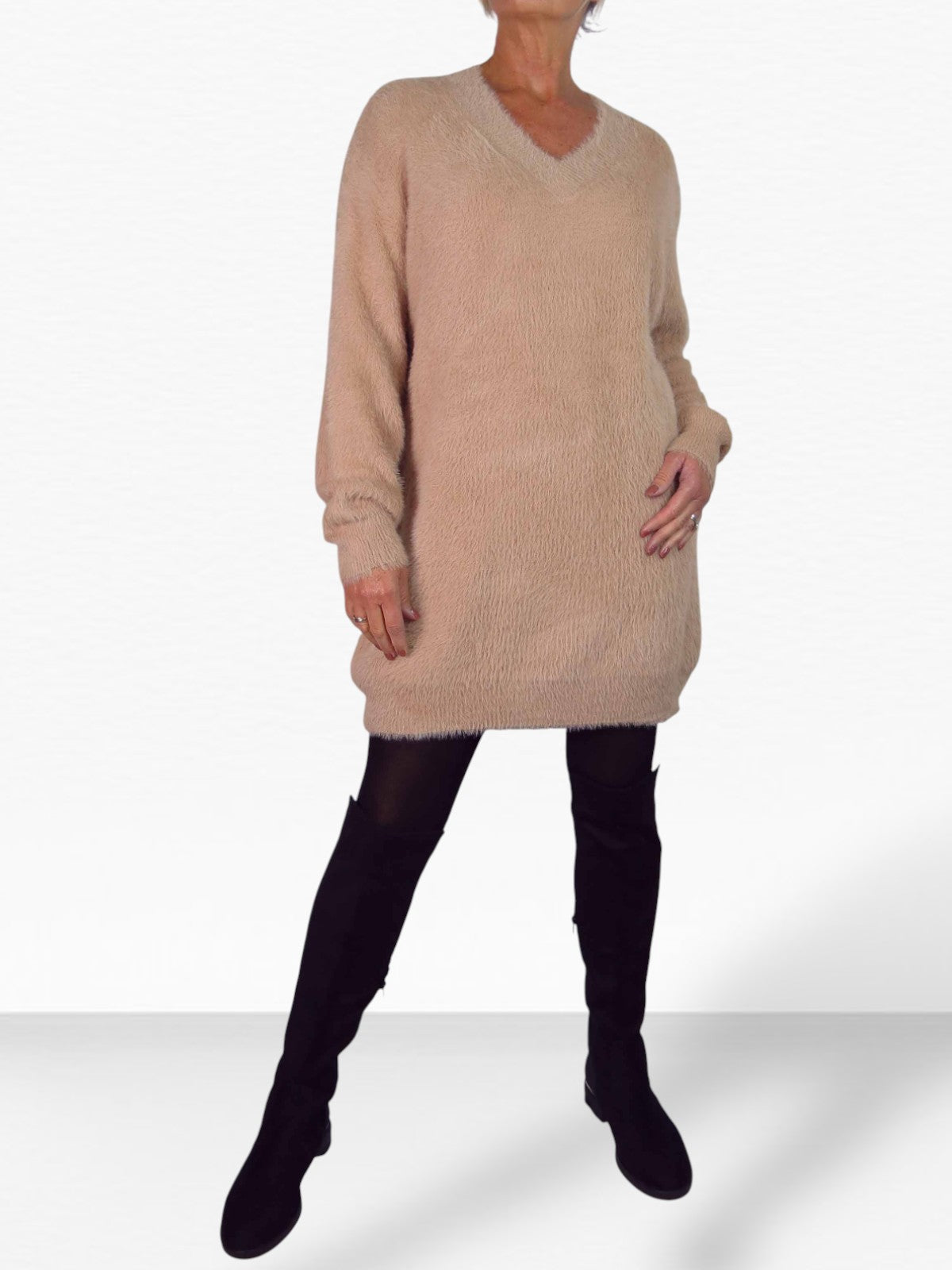 Long Sleeve V Neck Jumper Dress Beige