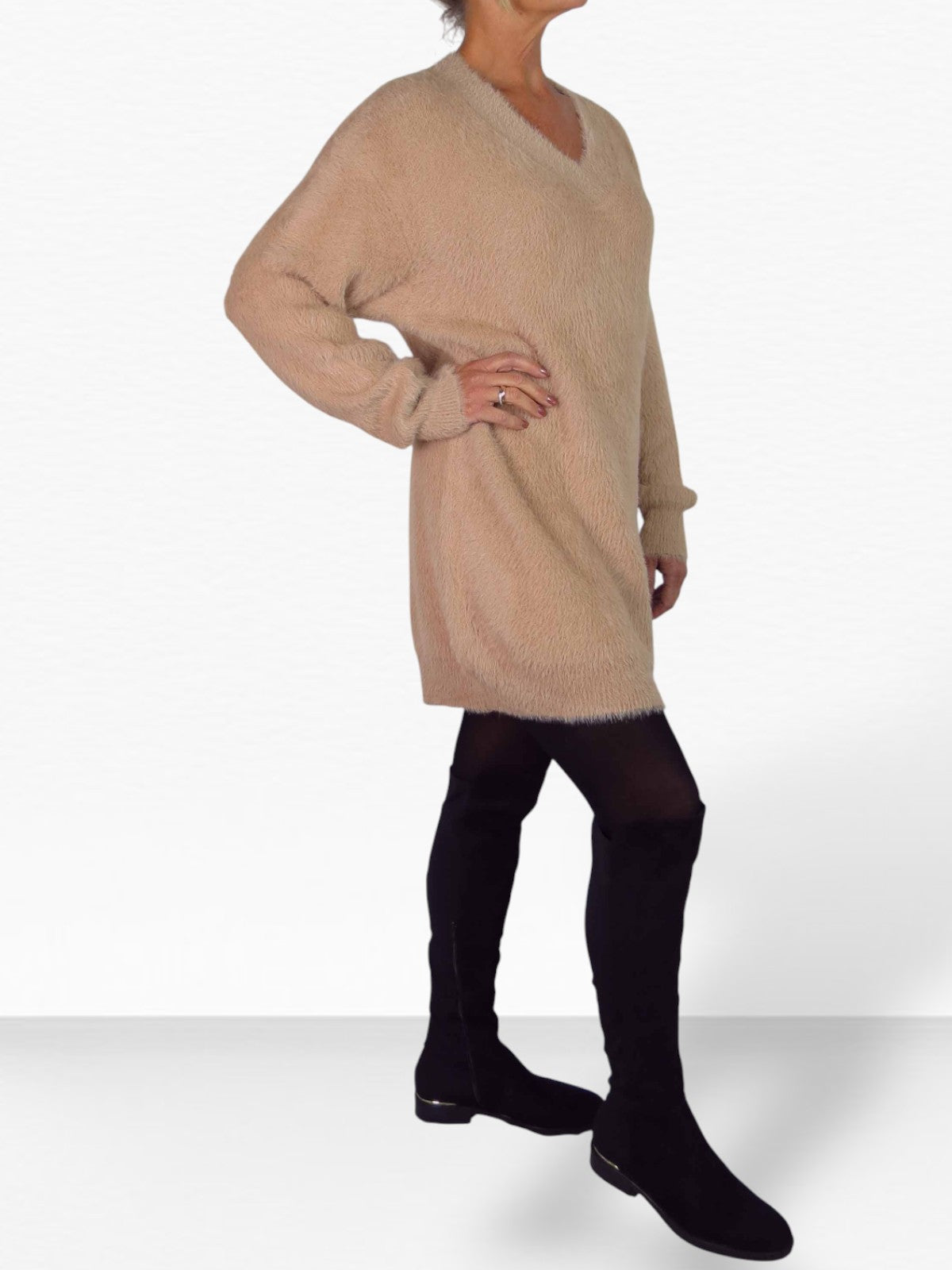 Long Sleeve V Neck Jumper Dress Beige