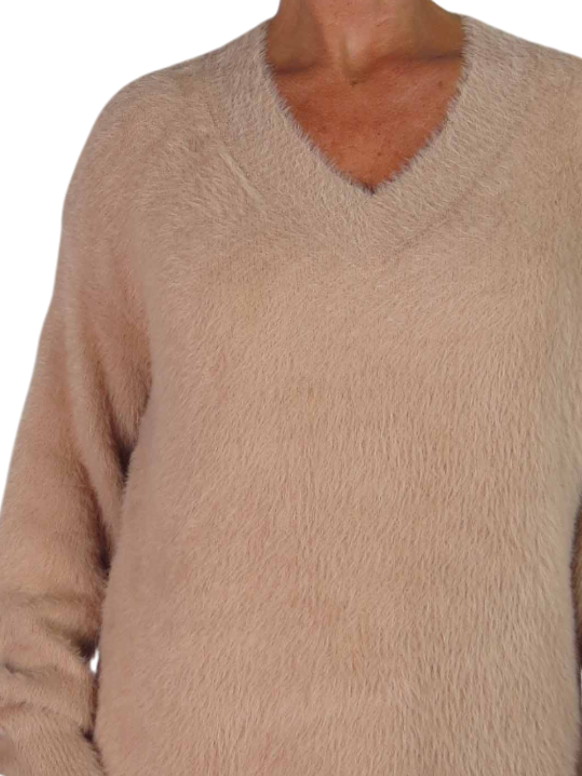 Long Sleeve V Neck Jumper Dress Beige