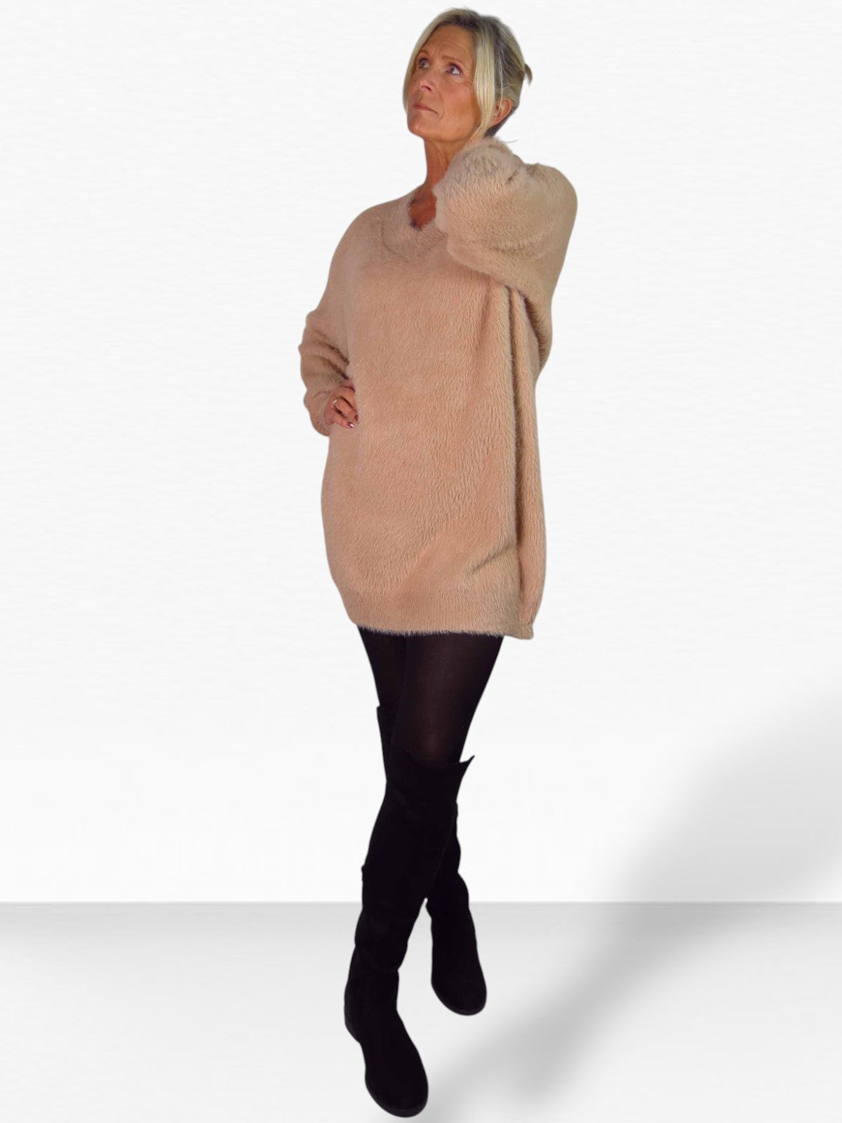 Long Sleeve V Neck Jumper Dress Beige