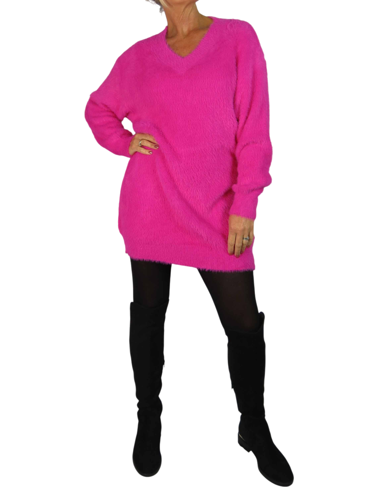 Long Sleeve V Neck Jumper Dress Pink