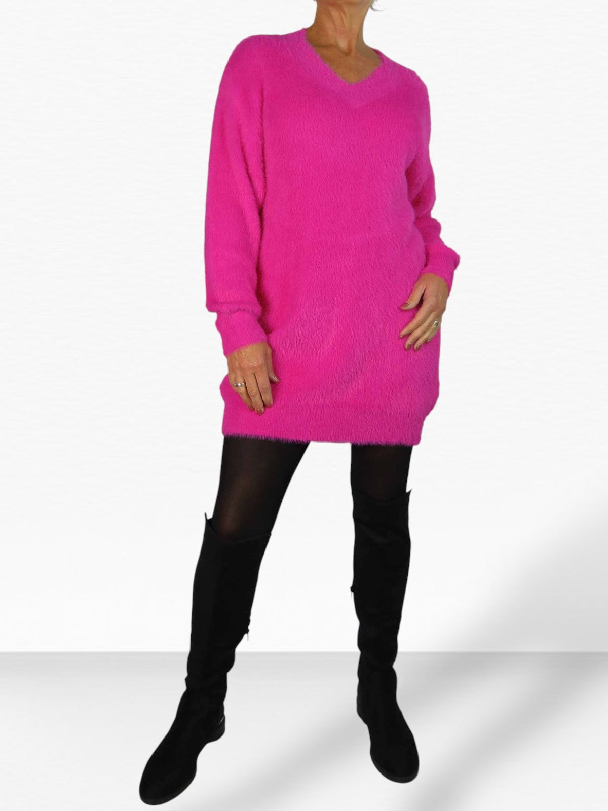 Long Sleeve V Neck Jumper Dress Pink
