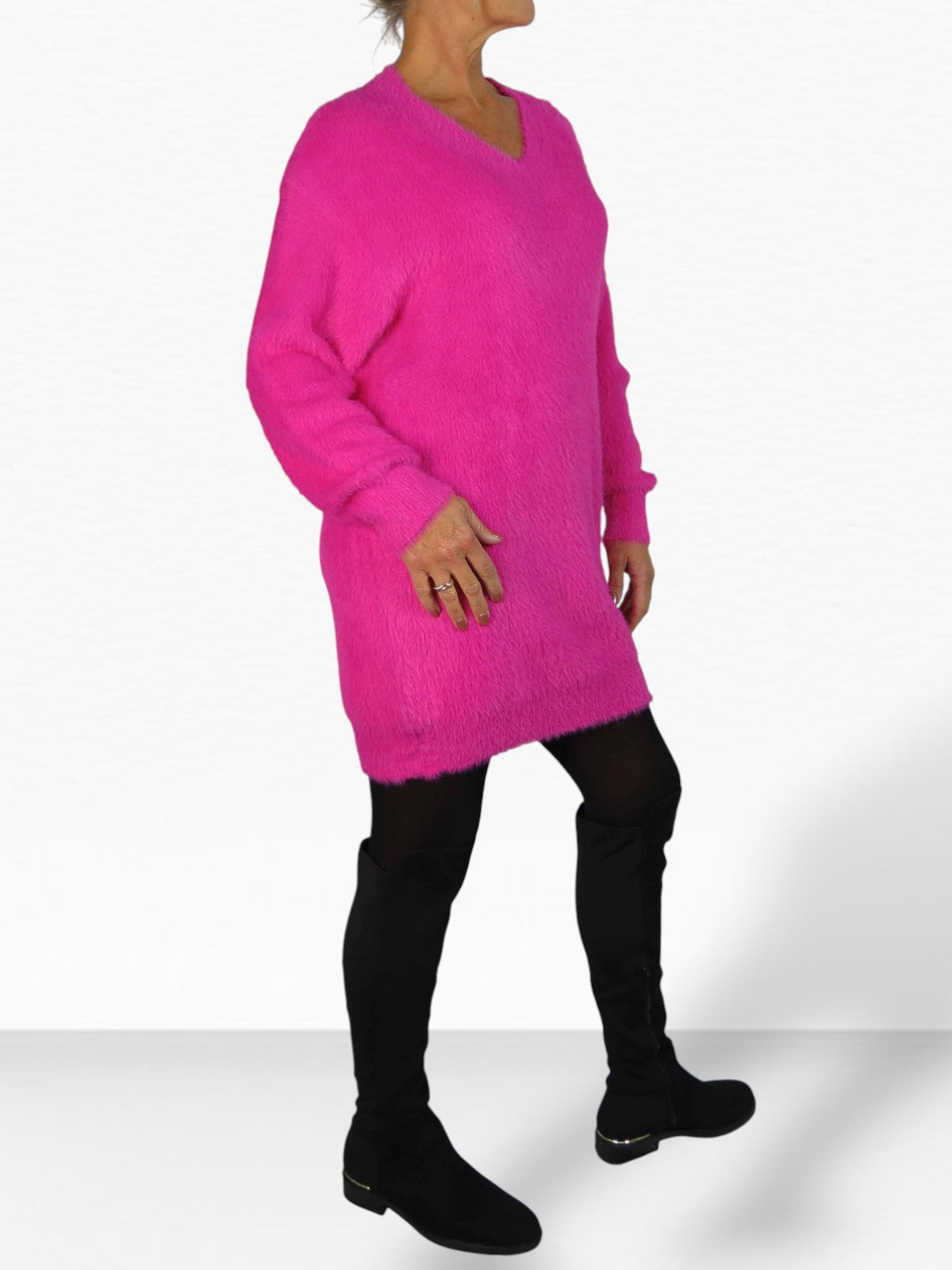 Long Sleeve V Neck Jumper Dress Pink