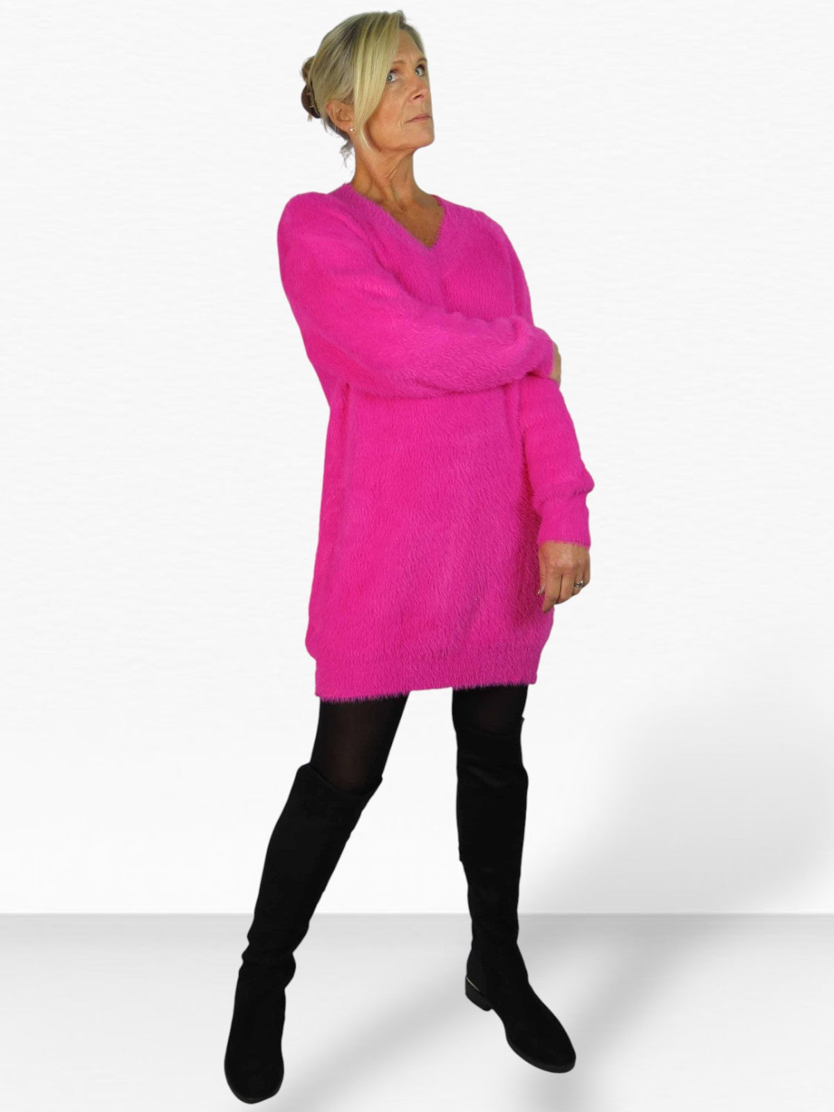 Long Sleeve V Neck Jumper Dress Pink
