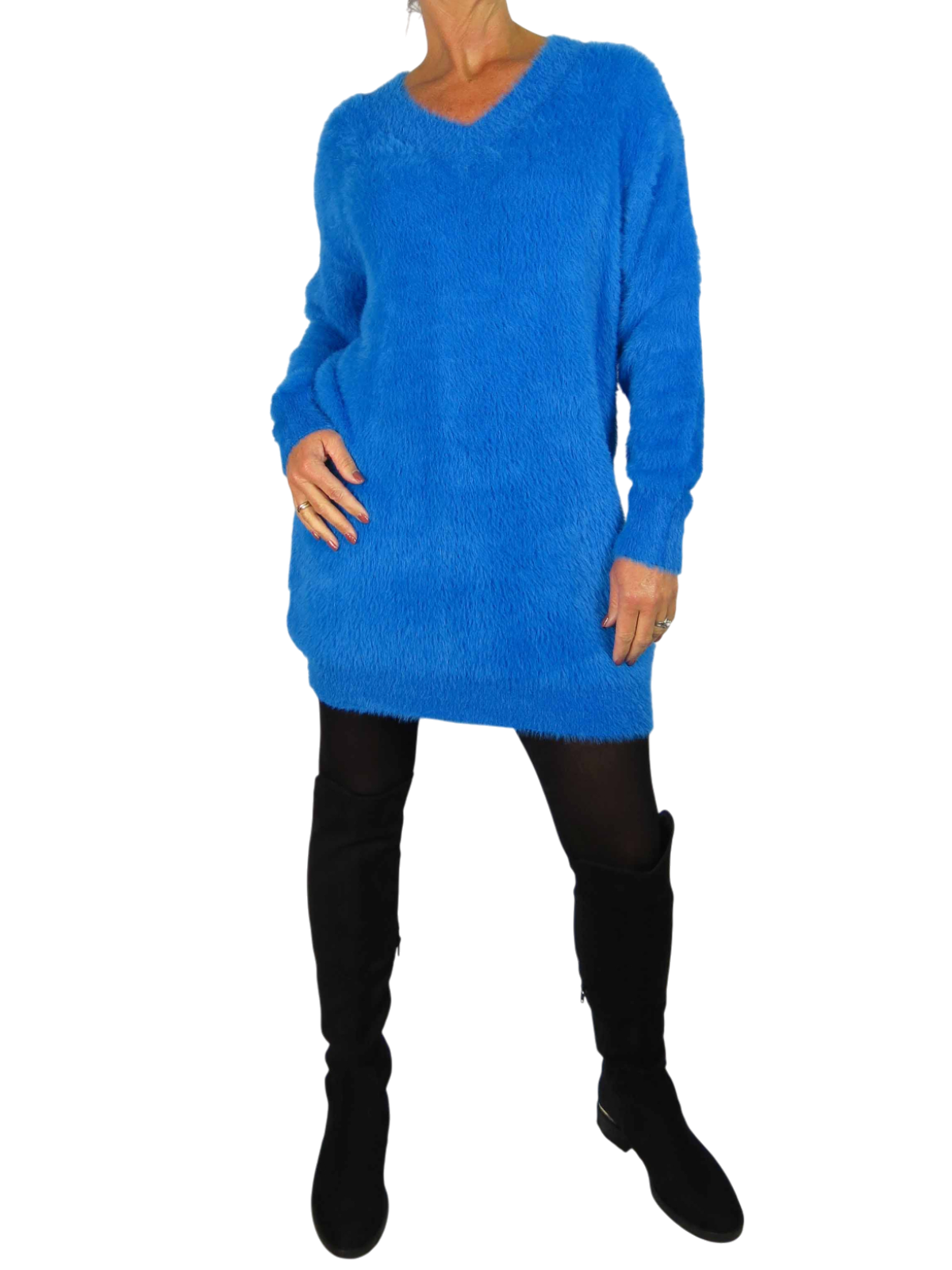 Long Sleeve V Neck Jumper Dress Blue