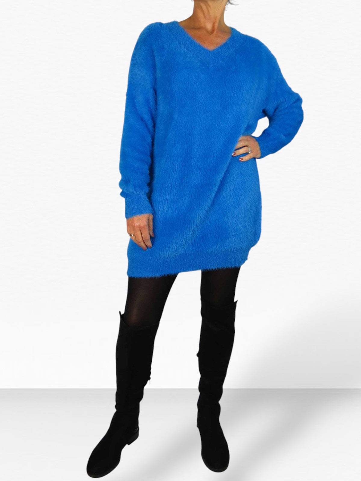 Long Sleeve V Neck Jumper Dress Blue