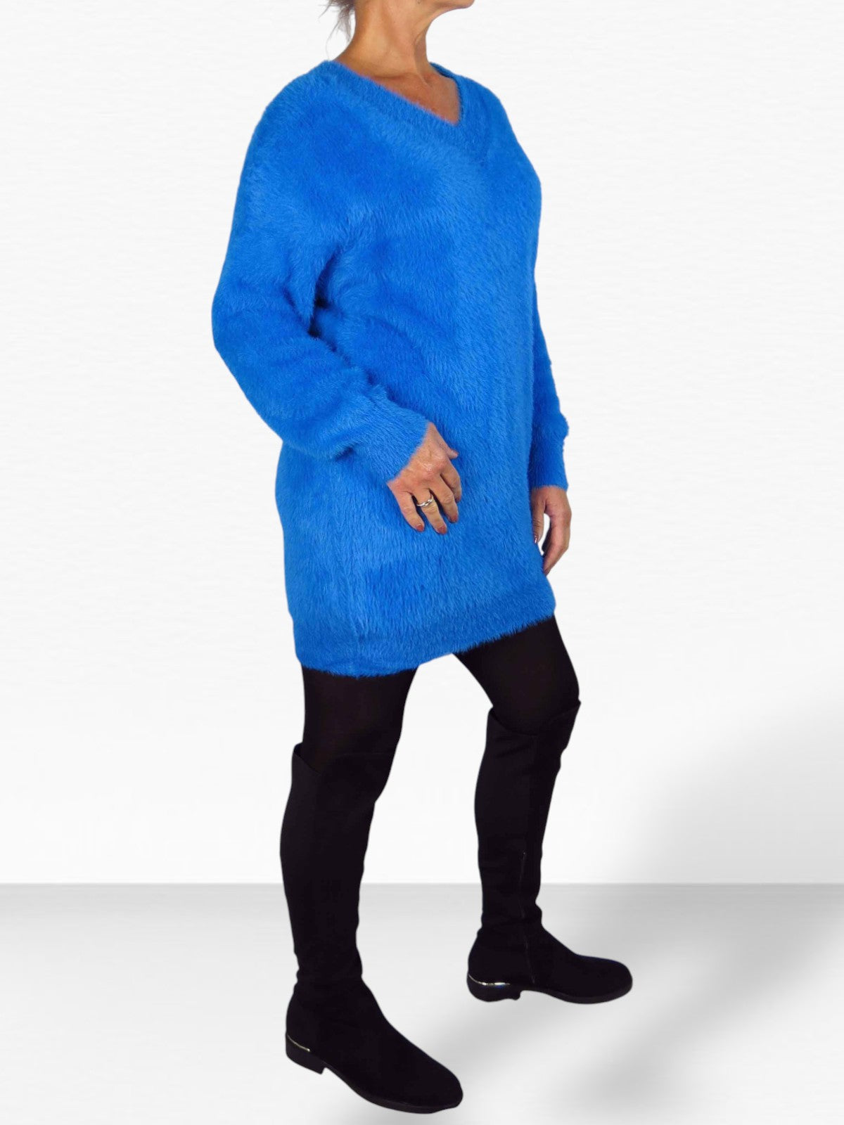 Long Sleeve V Neck Jumper Dress Blue