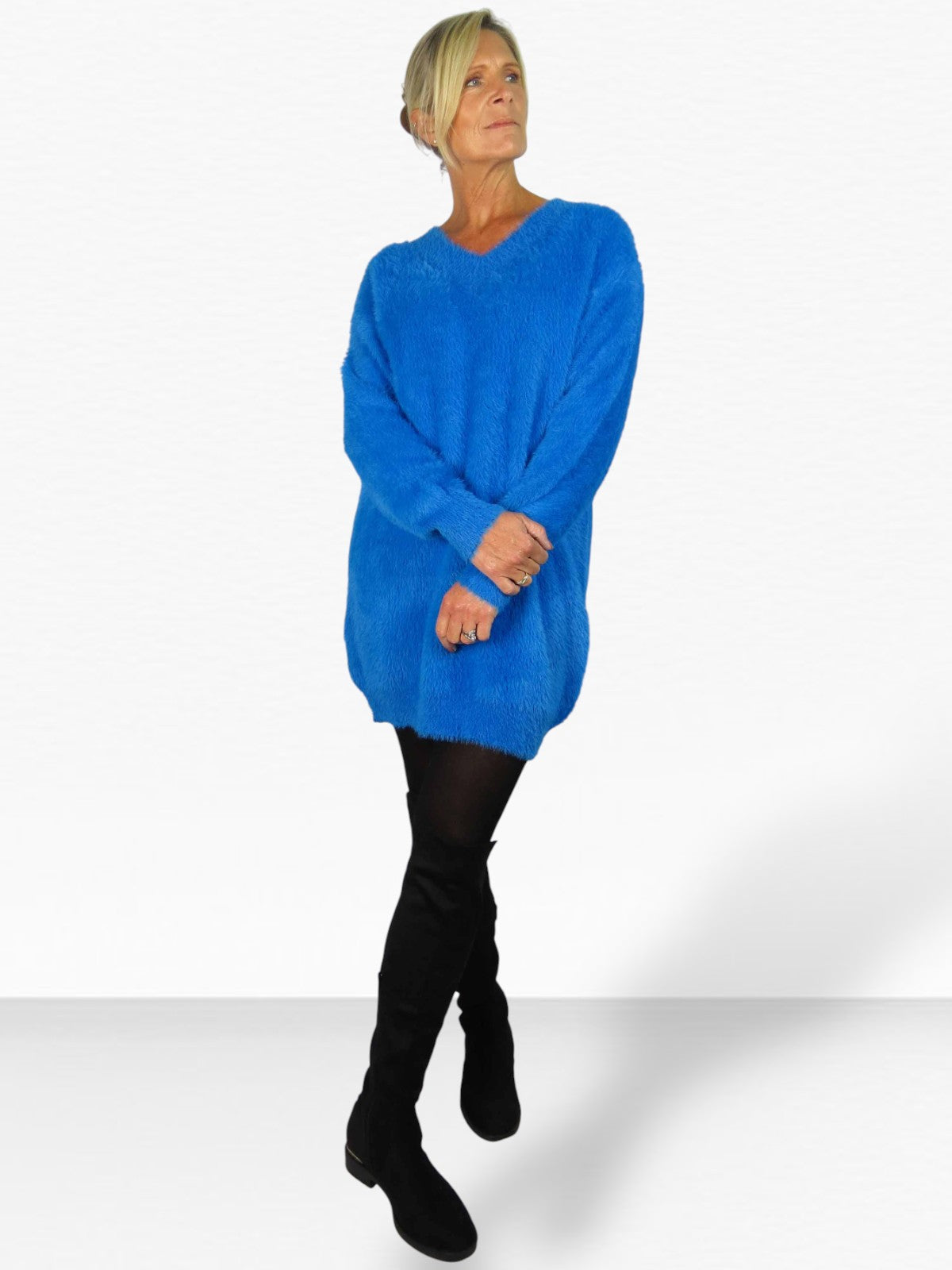 Long Sleeve V Neck Jumper Dress Blue