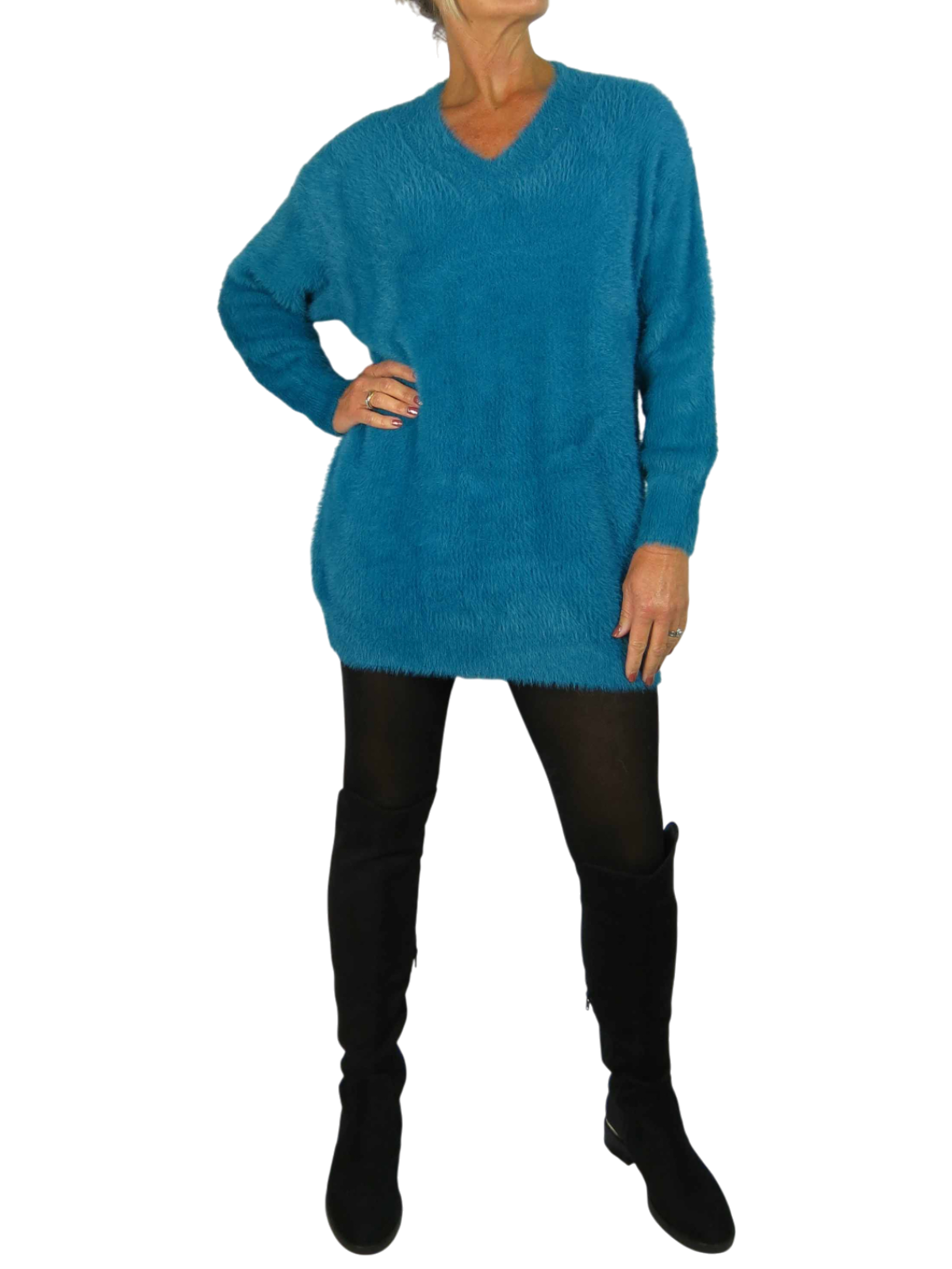 Long Sleeve V Neck Jumper Dress Teal