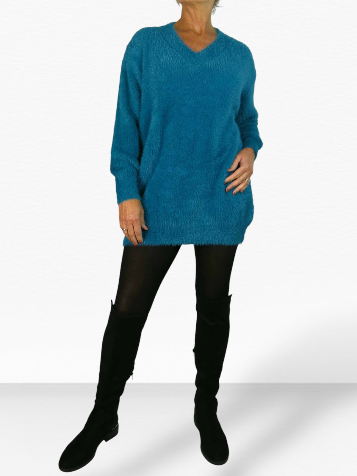 Long Sleeve V Neck Jumper Dress Teal