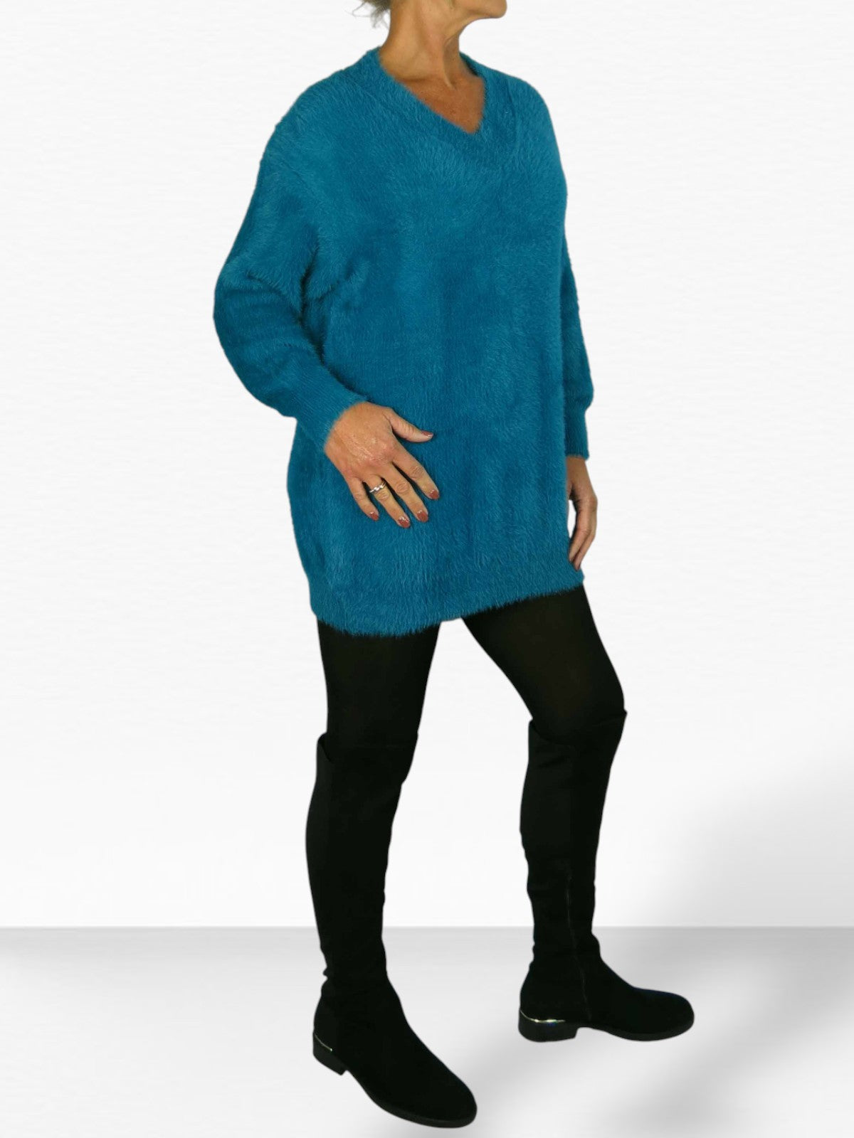 Long Sleeve V Neck Jumper Dress Teal