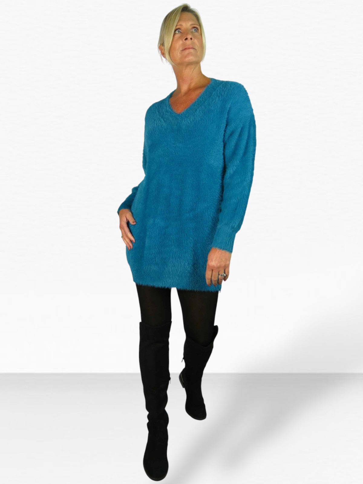 Long Sleeve V Neck Jumper Dress Teal