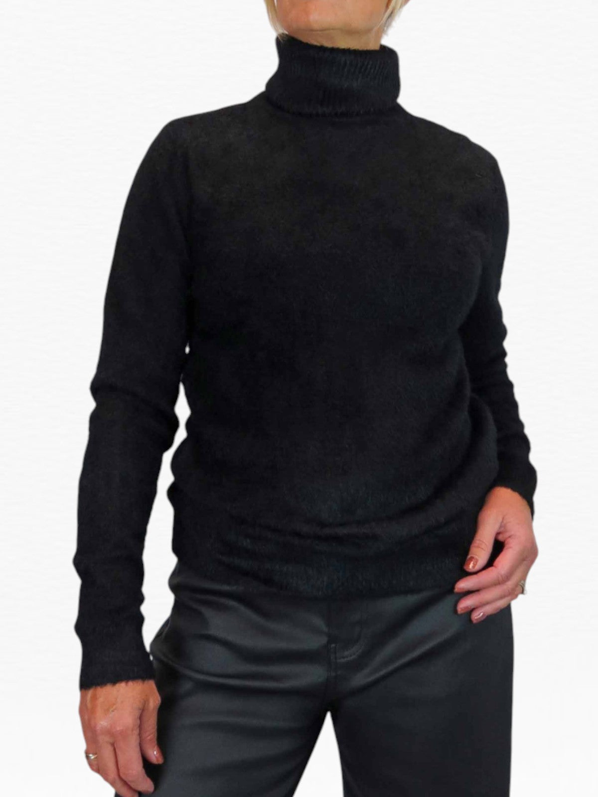 Long Sleeve Roll Neck Jumper Fluffy Knit Black