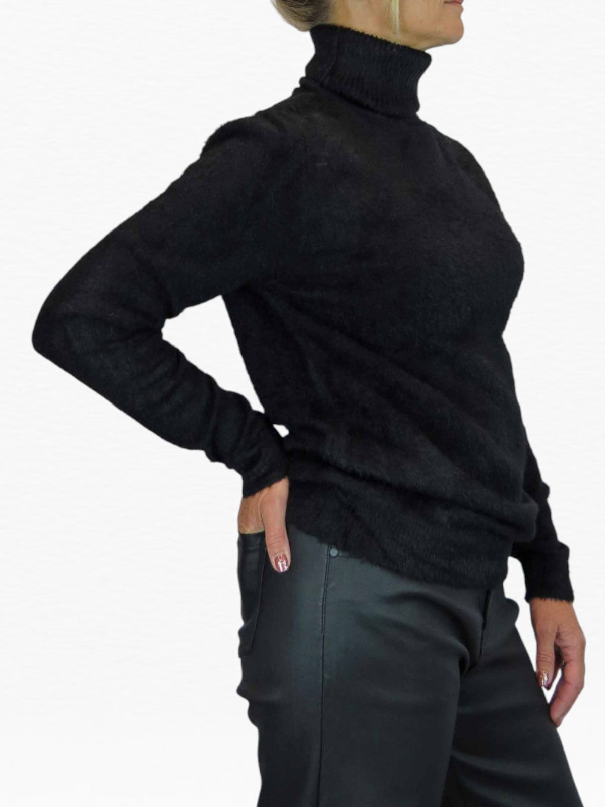 Long Sleeve Roll Neck Jumper Fluffy Knit Black