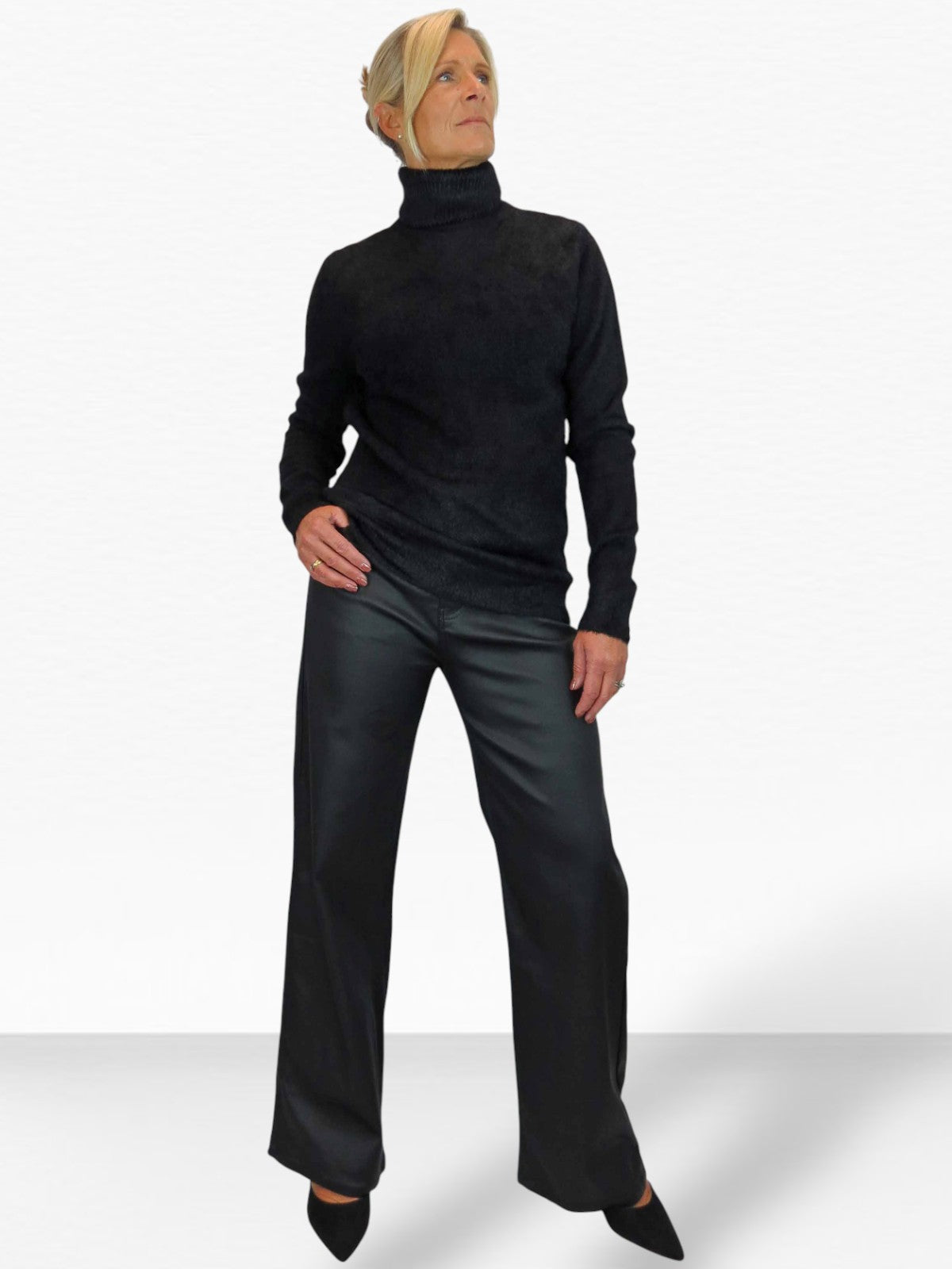 Long Sleeve Roll Neck Jumper Fluffy Knit Black