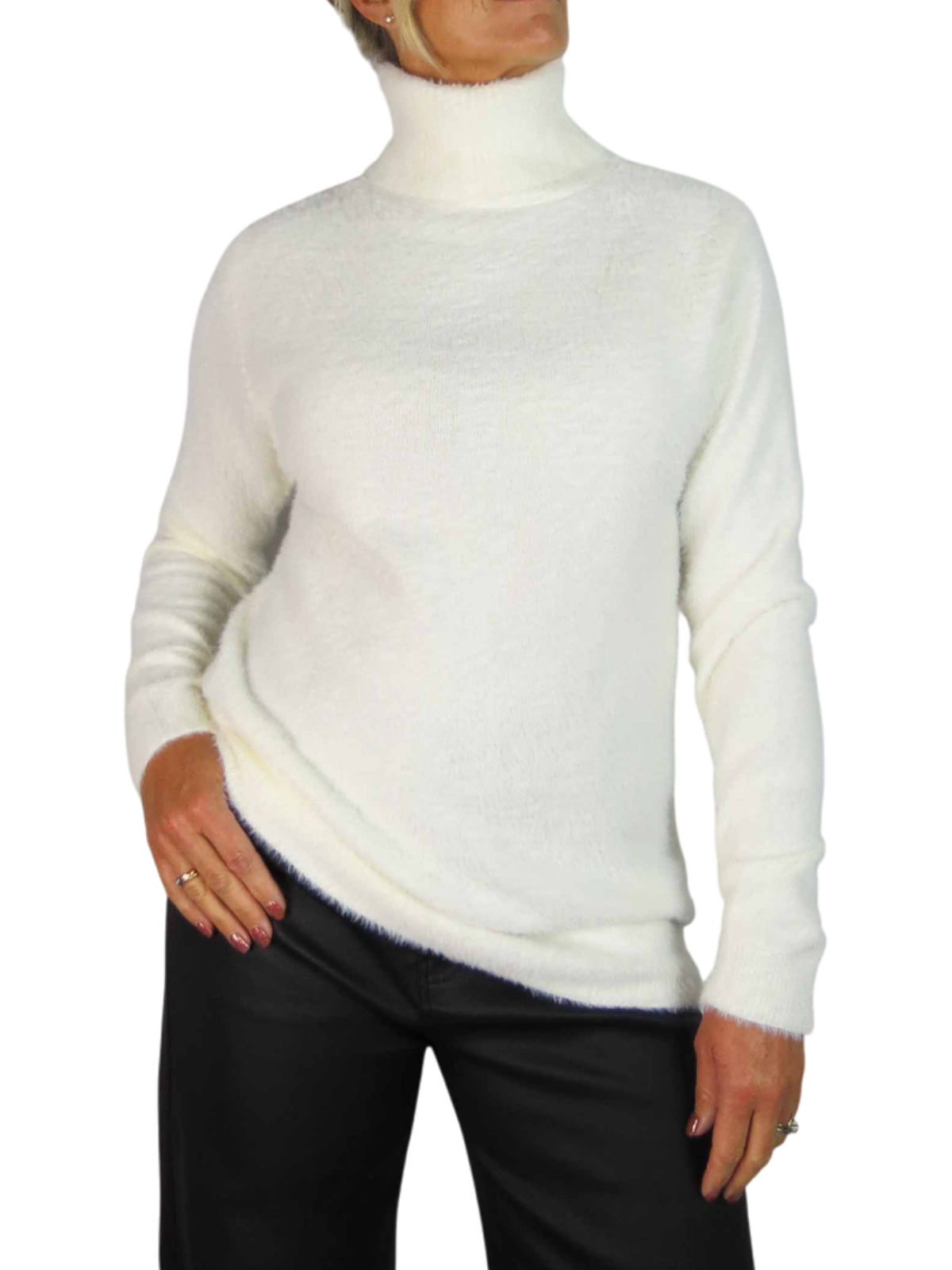 Long Sleeve Roll Neck Jumper Fluffy Knit Cream