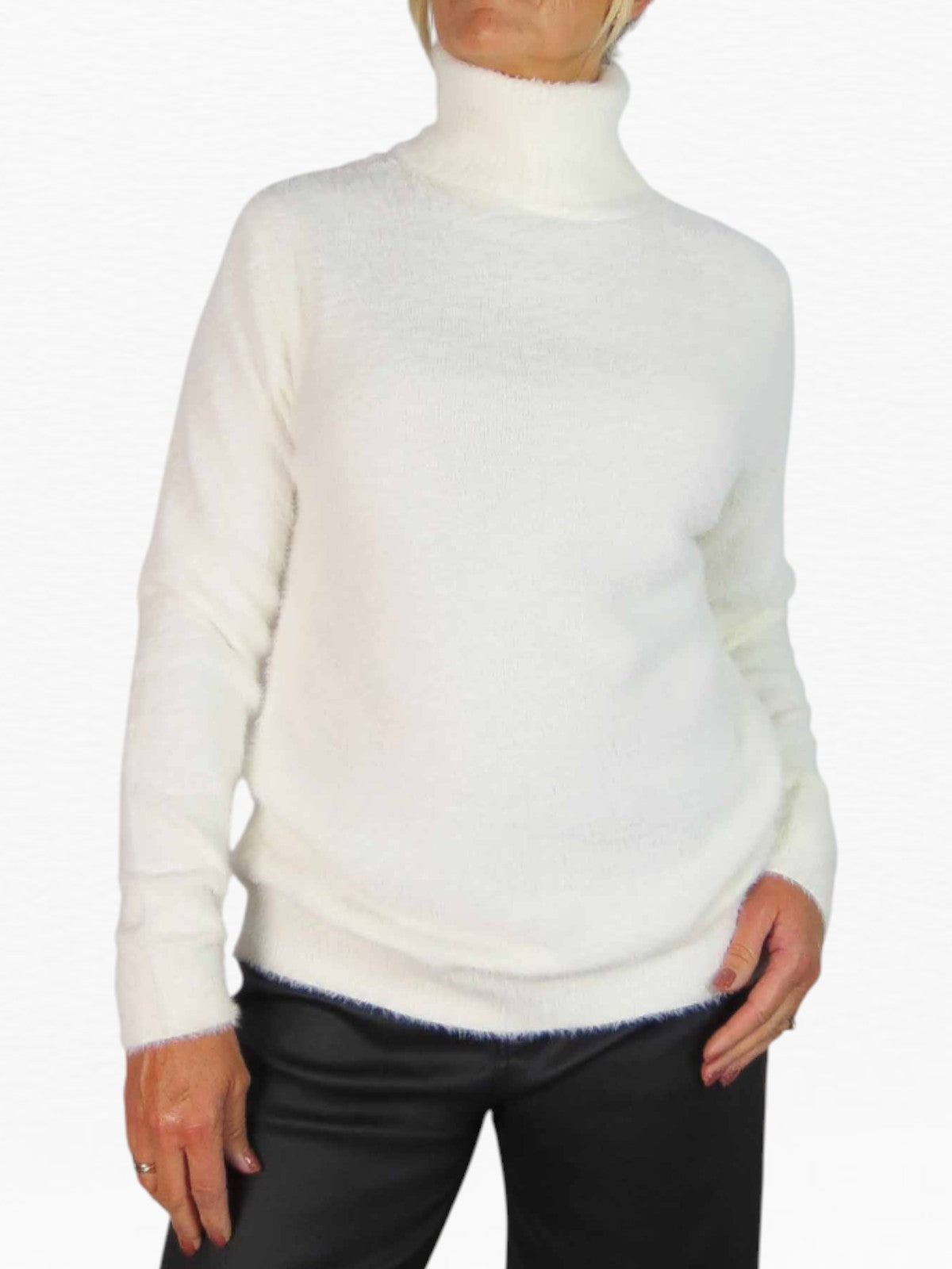 Long Sleeve Roll Neck Jumper Fluffy Knit Cream
