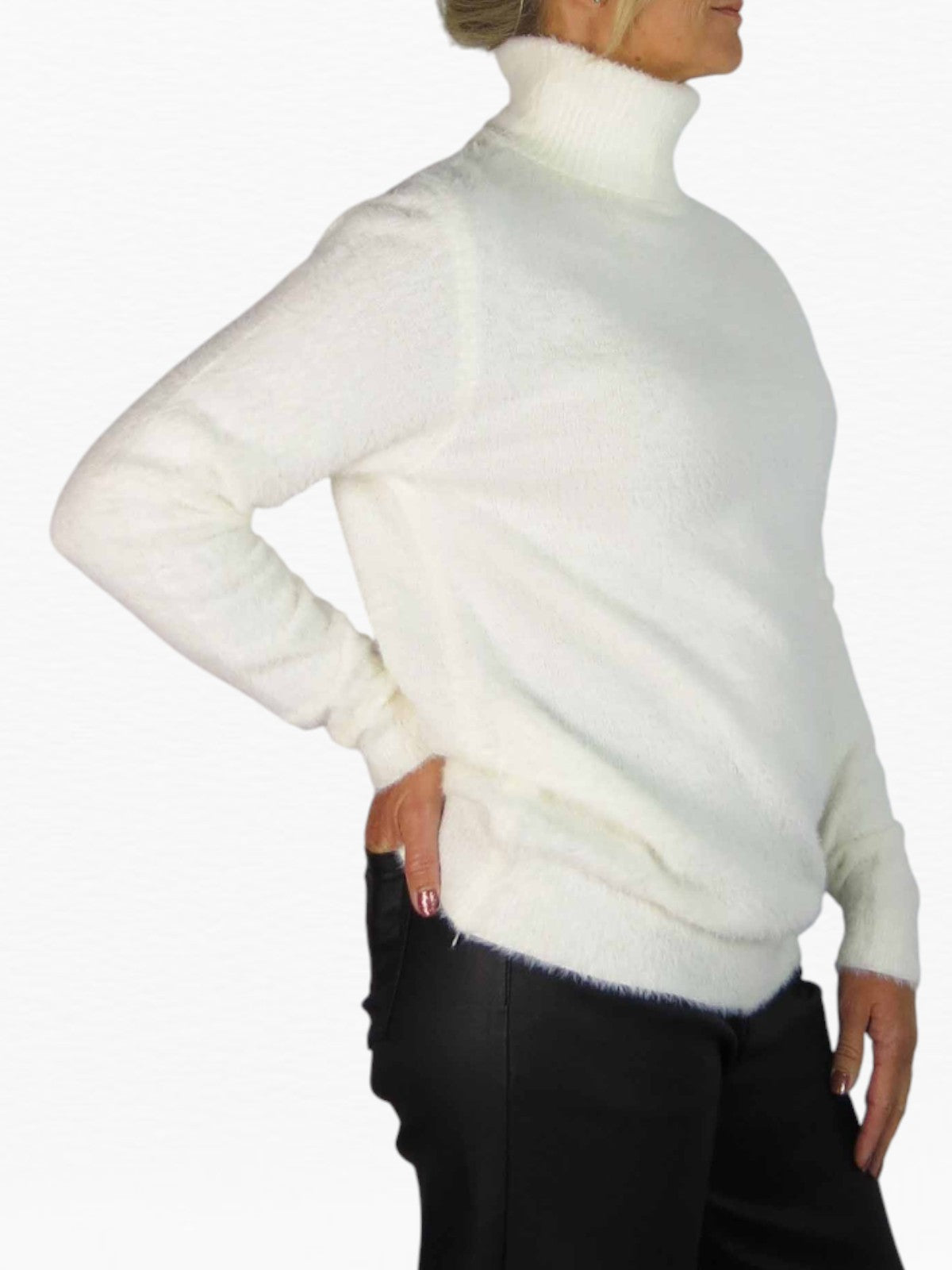 Long Sleeve Roll Neck Jumper Fluffy Knit Cream