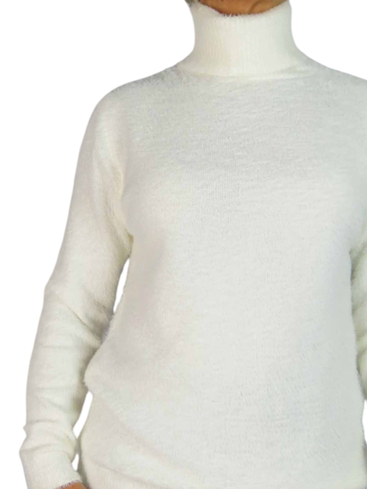 Long Sleeve Roll Neck Jumper Fluffy Knit Cream