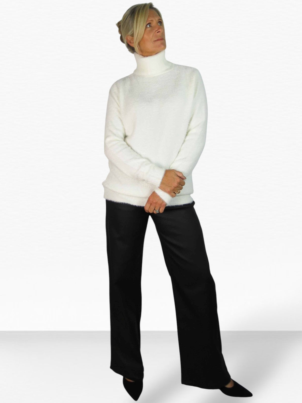Long Sleeve Roll Neck Jumper Fluffy Knit Cream