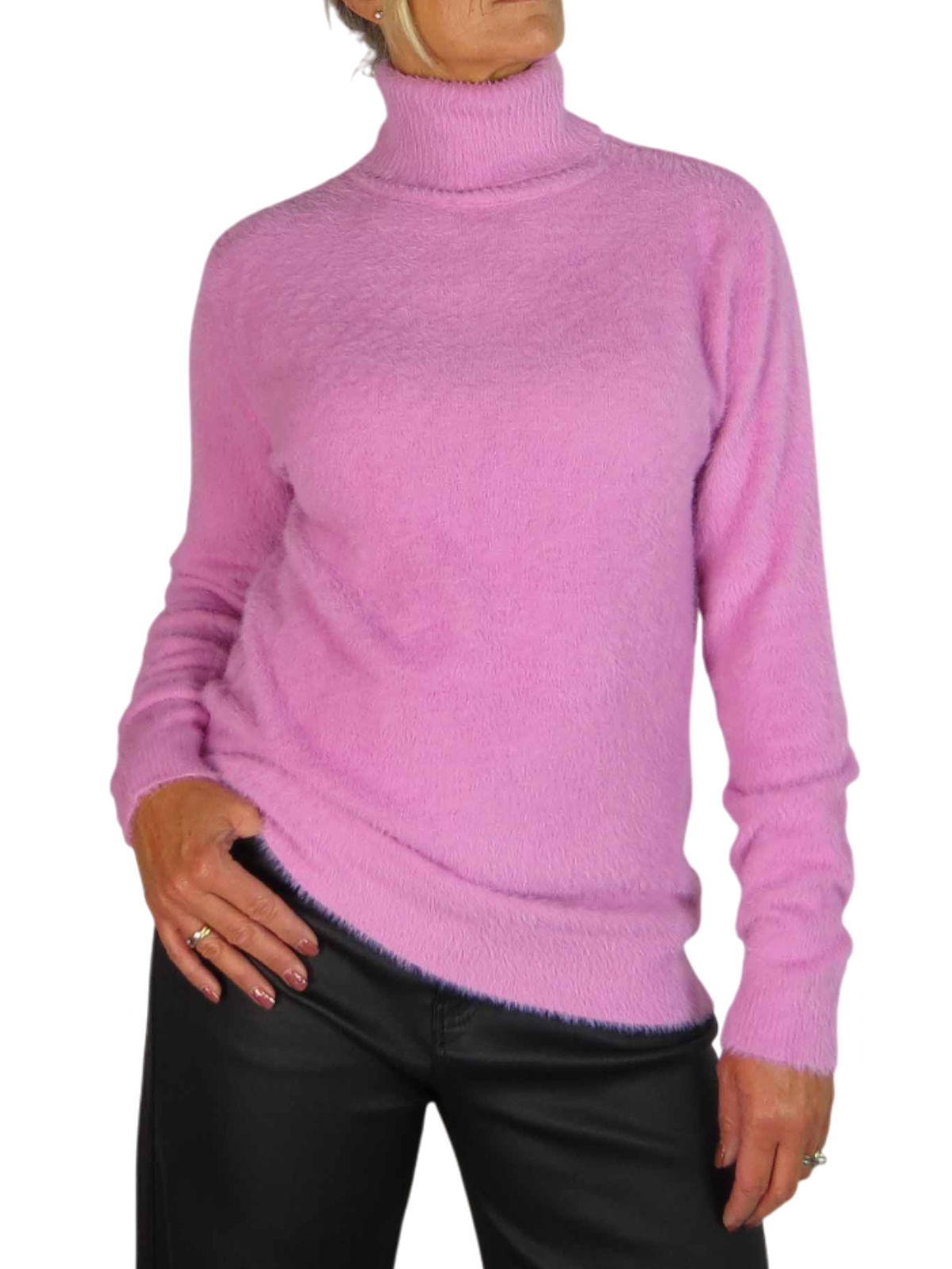 Long Sleeve Roll Neck Jumper Fluffy Knit Pink