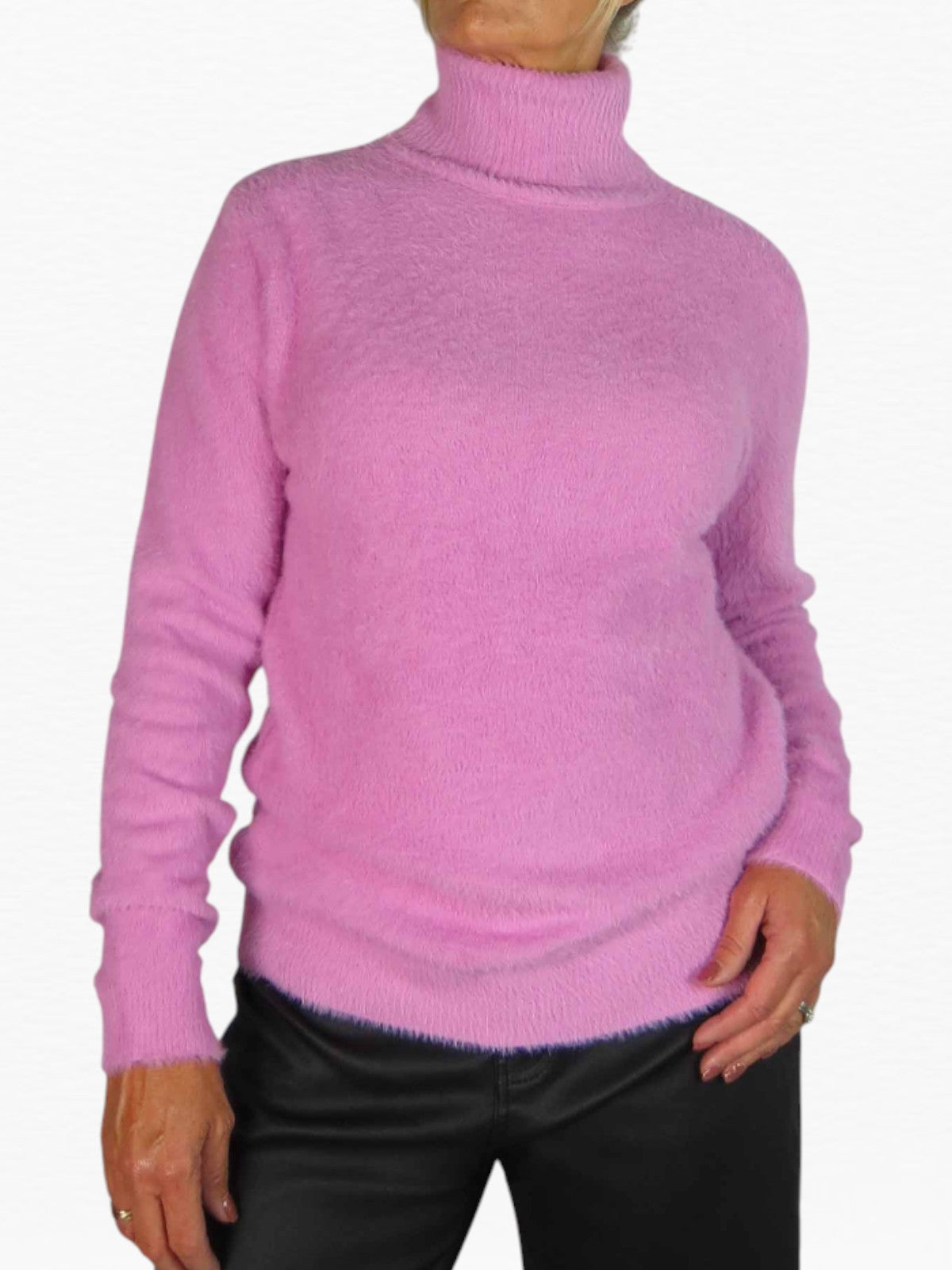 Long Sleeve Roll Neck Jumper Fluffy Knit Pink
