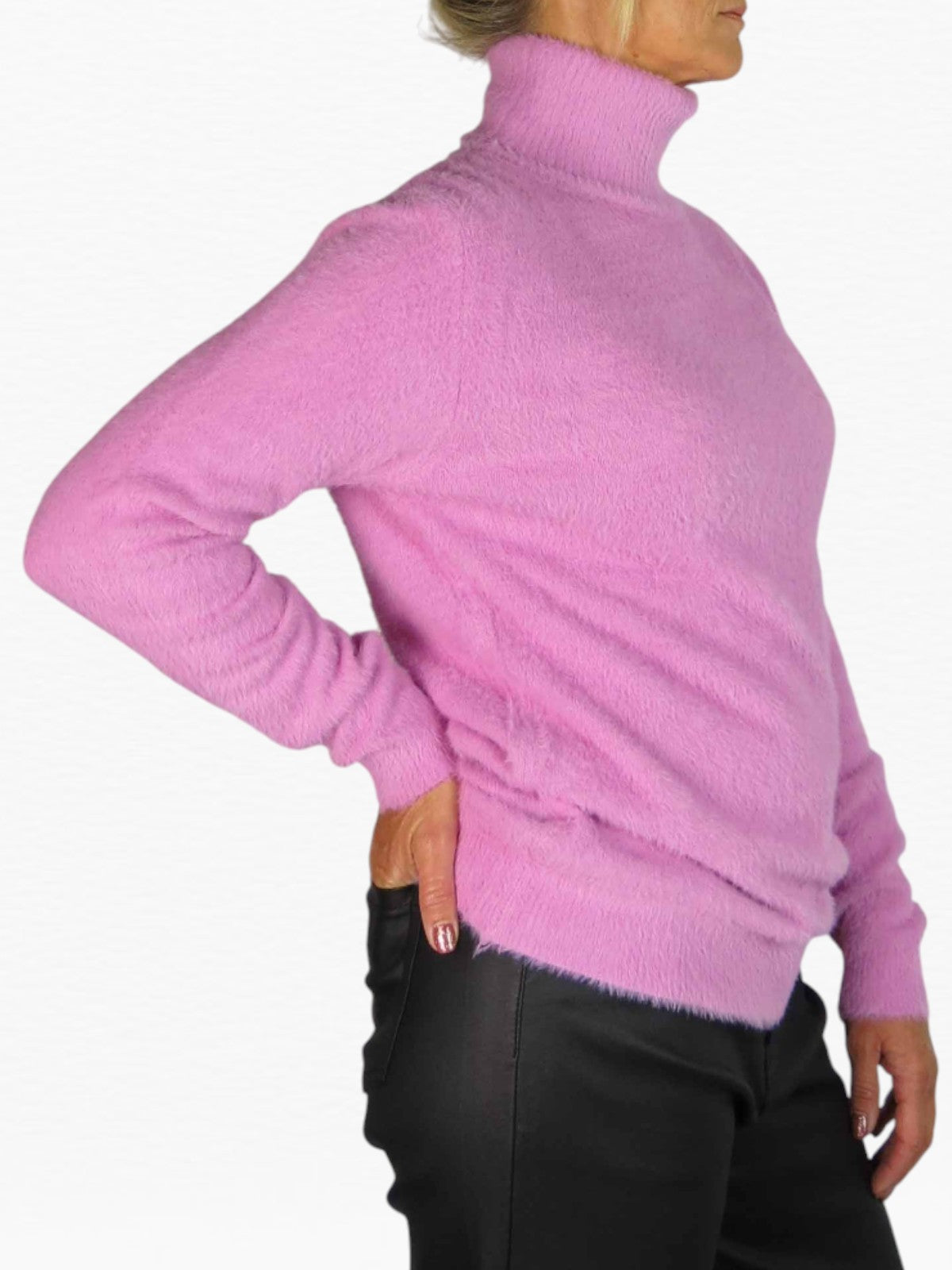 Long Sleeve Roll Neck Jumper Fluffy Knit Pink