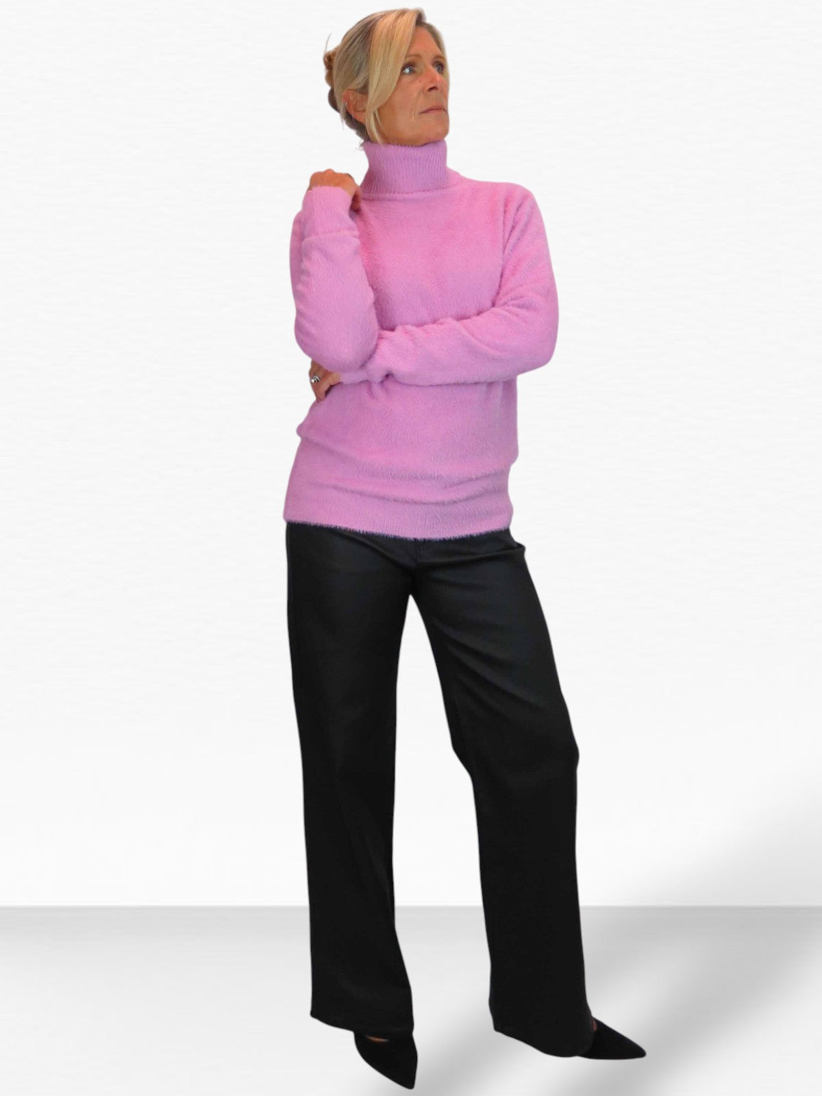 Long Sleeve Roll Neck Jumper Fluffy Knit Pink
