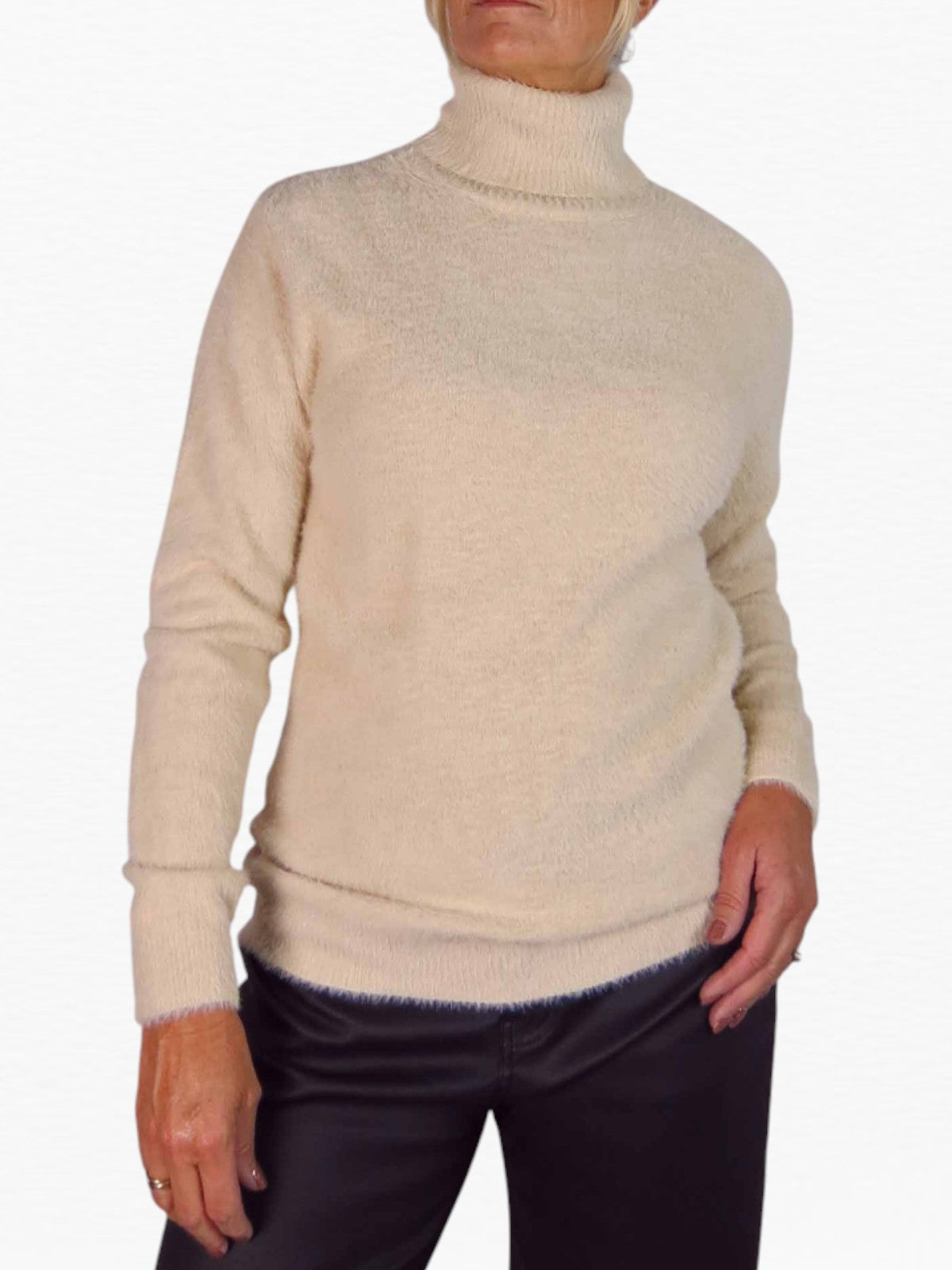Long Sleeve Roll Neck Jumper Fluffy Knit Beige